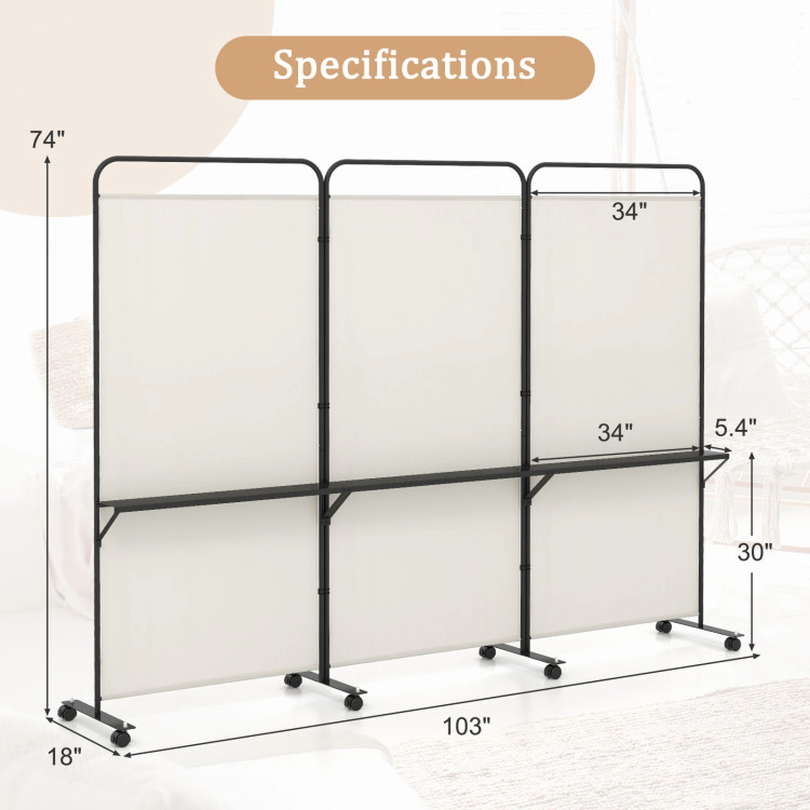 SUGIFT 3-Panel Folding 3 Metal Shelves Room Divider Screen 103-in x 18-in x 74-in 8 Lockable Wheels Beige