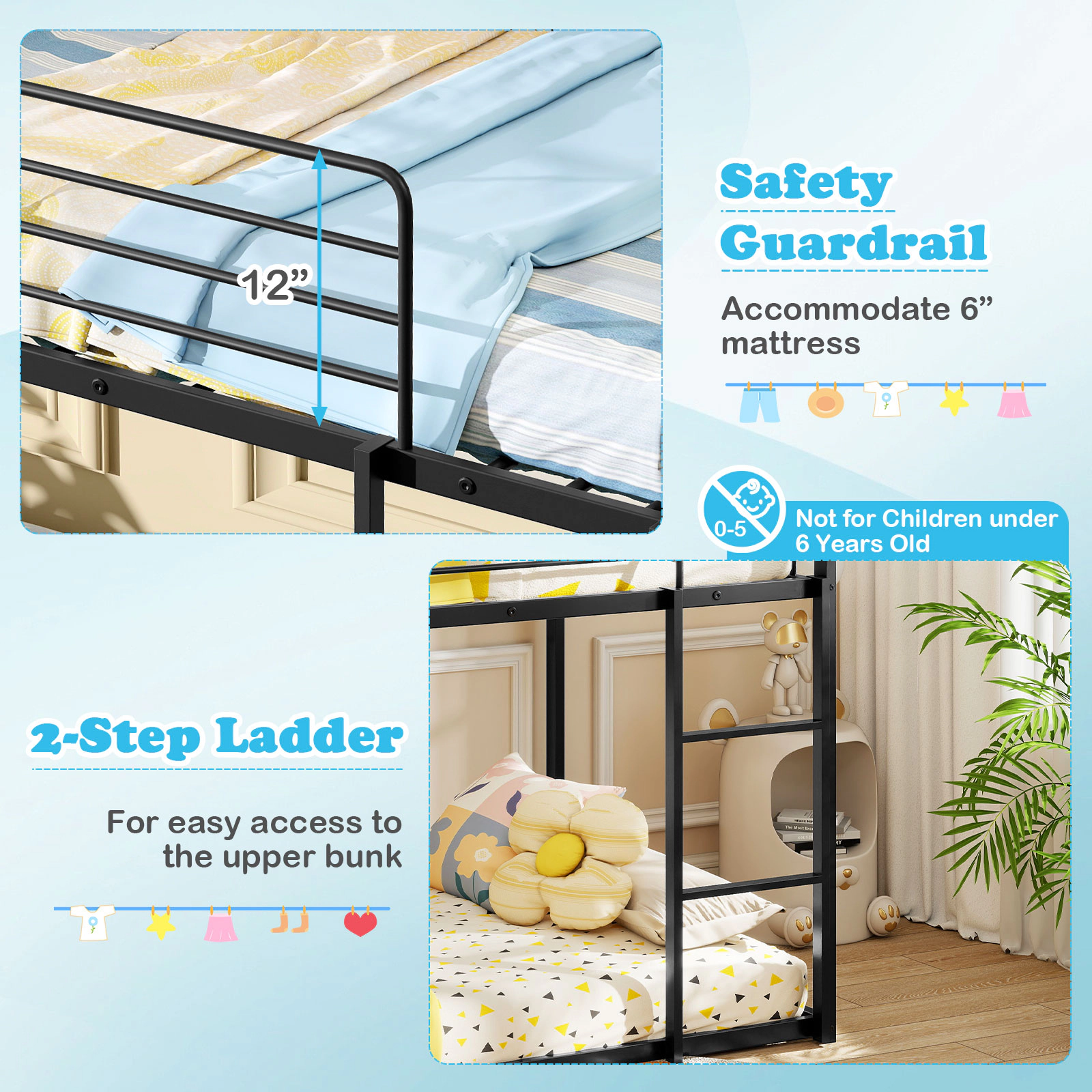 SUGIFT House-Shaped Metal Twin Over Twin Low Bunk Bed with Slide 250-lb Upper Bunk Capacity Black/White