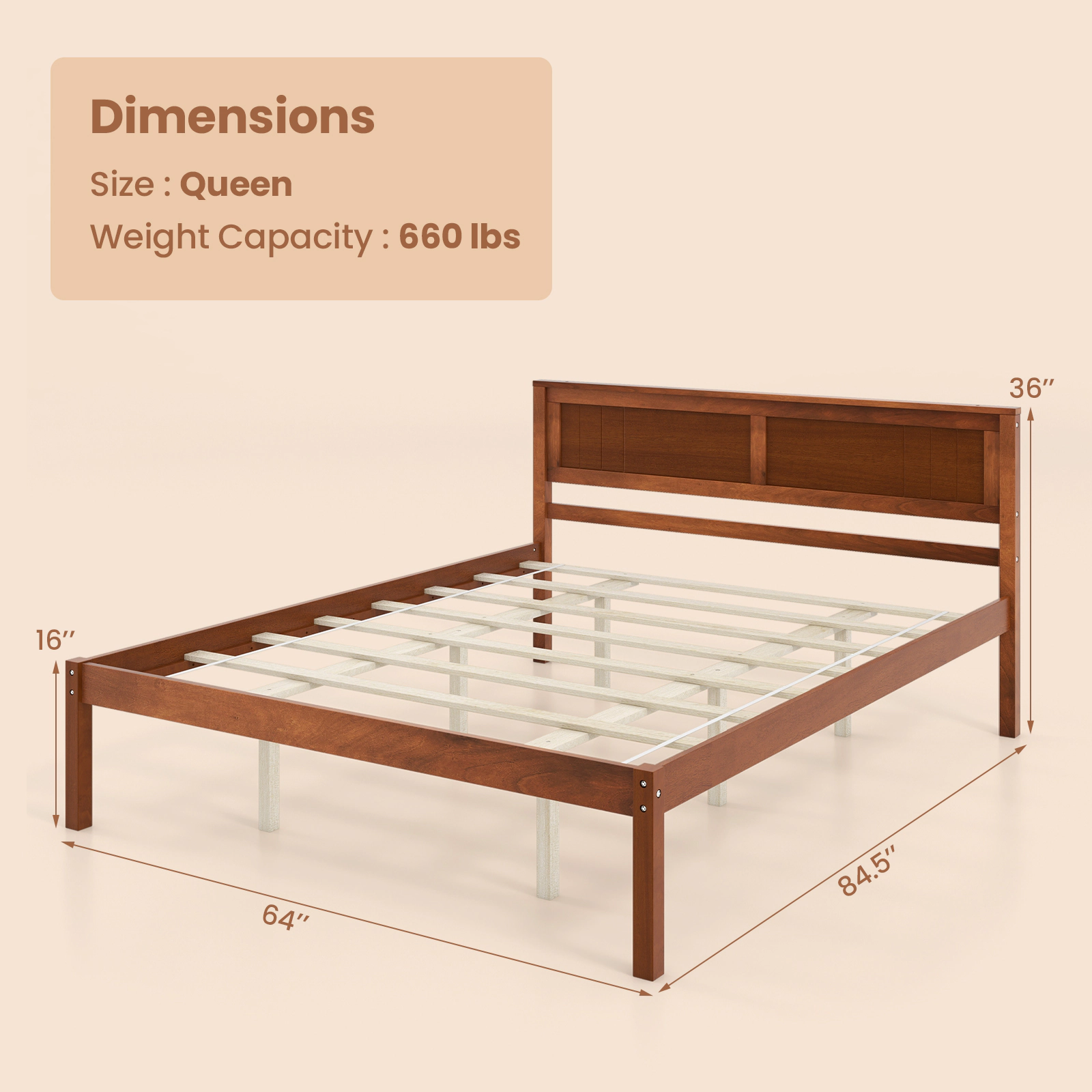 Queen Size Walnut Wood Bed Frame with Headboard and 16-in Footboard Low Profile Platform Bed with Center Support Legs