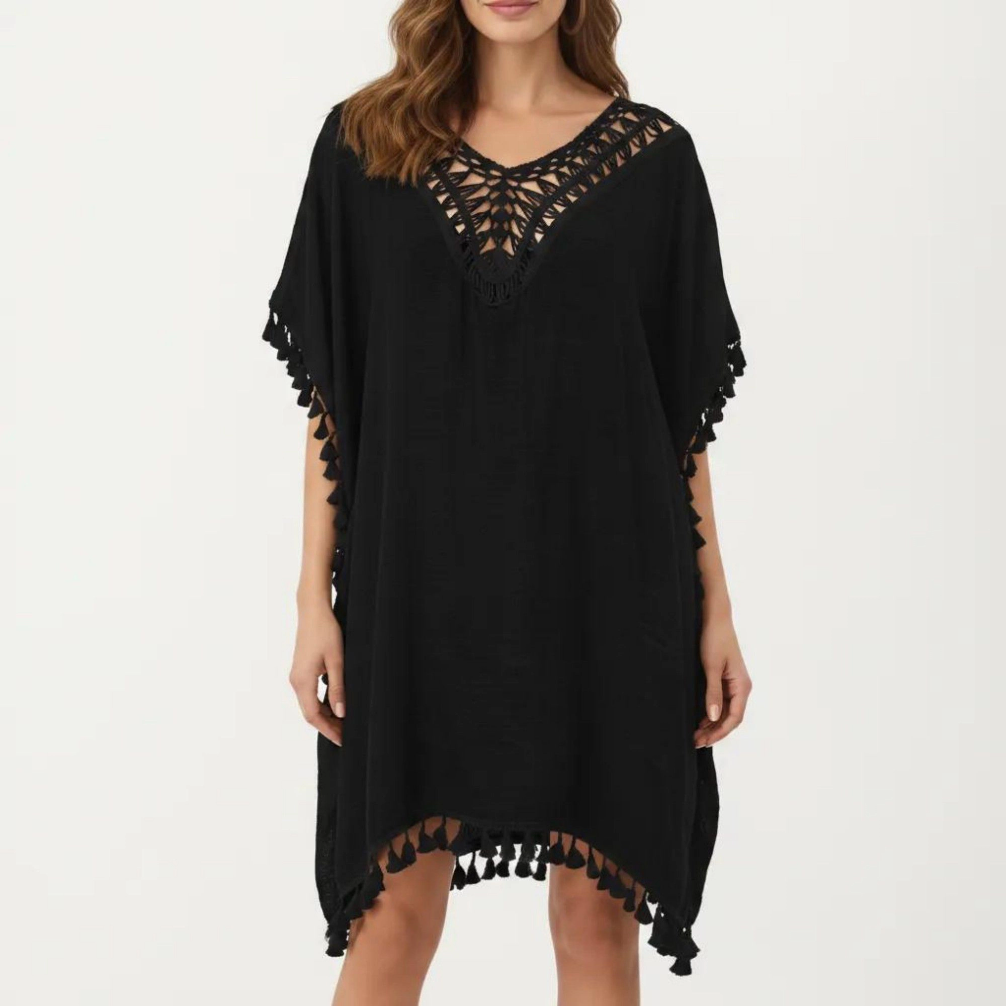 Anna-Kaci Women's Sheer Crochet V Neck Swim Cover Up Poncho with Tassel Trim and Flowy Silhouette