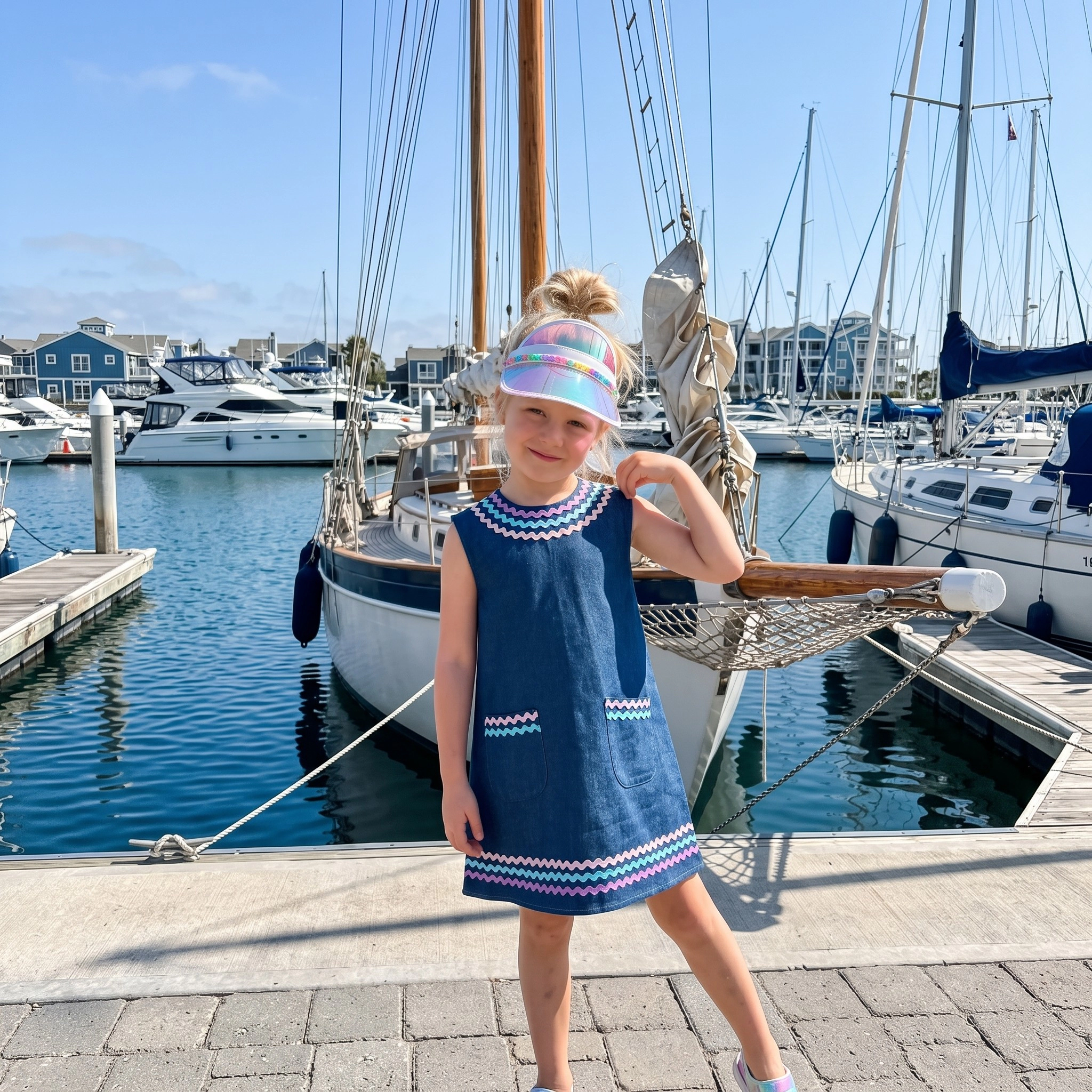 2Bunnies Girls 4T-8Y Pastel Ric Rac Denim Sleeveless Dress with Pockets