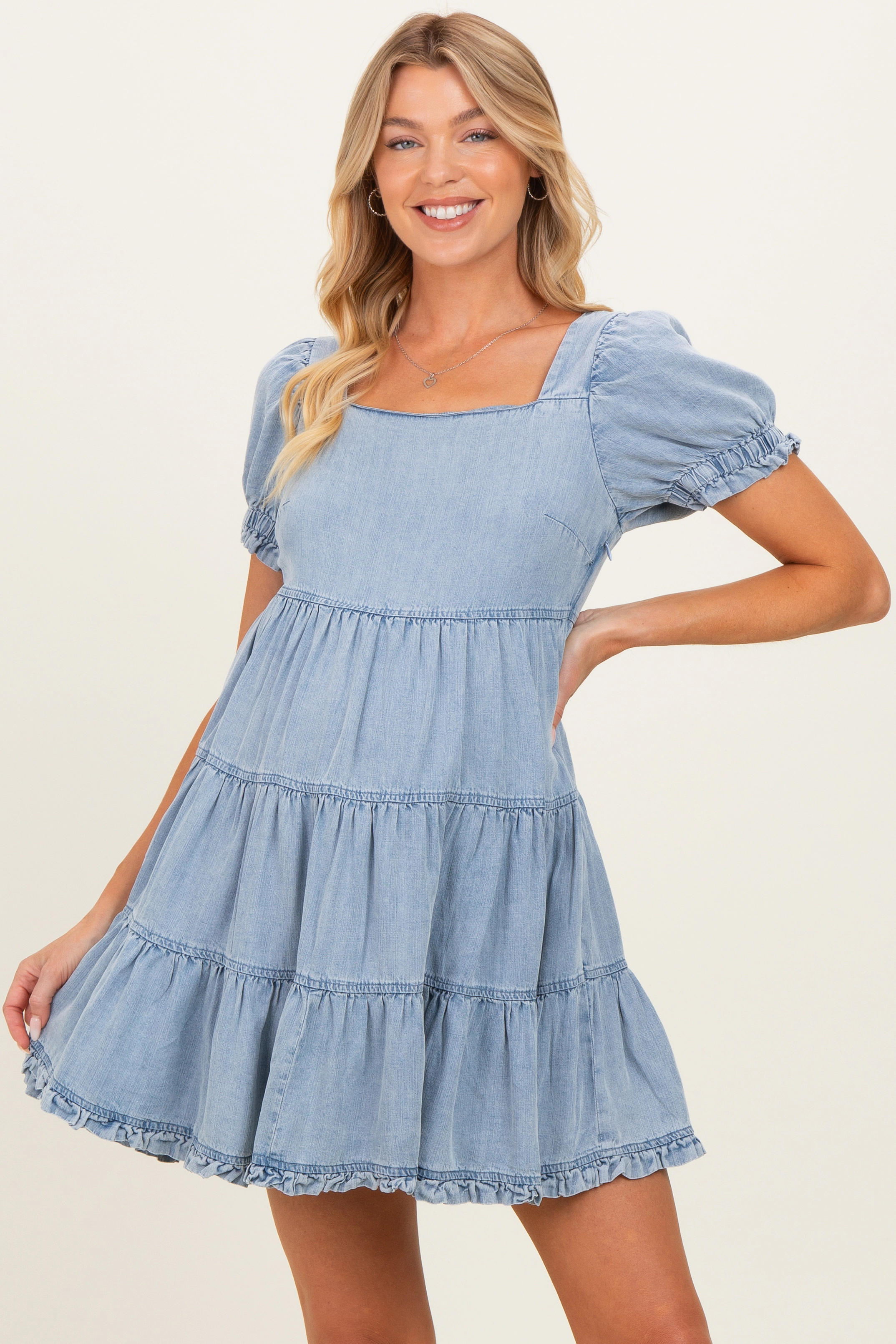 PinkBlush Womens Light Blue Denim Washed Chambray Tiered Babydoll Maternity Mini Dress