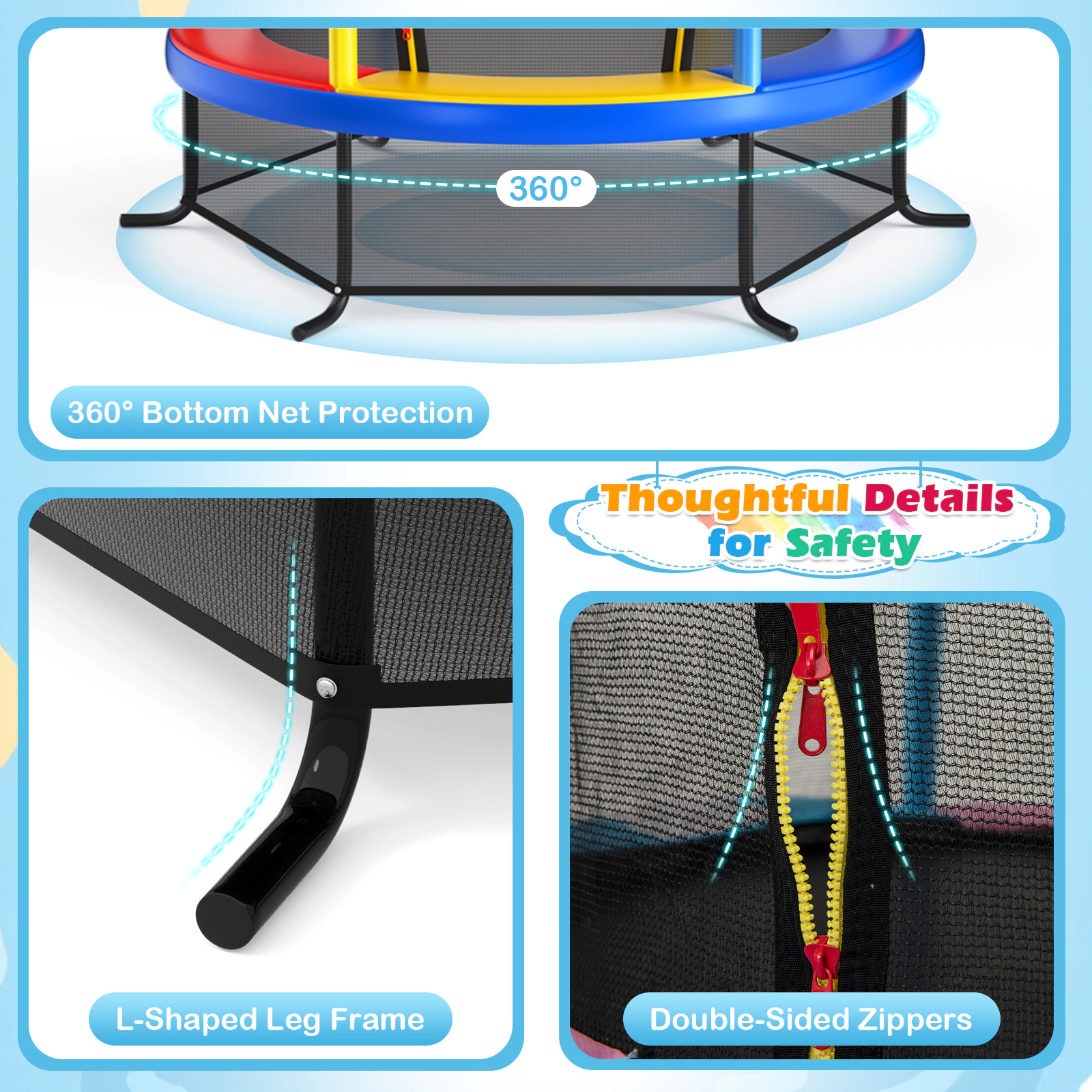 55-in Kids Trampoline Safety Enclosure Net 30 Tension Ropes 300-lb Capacity L-Shaped Steel Legs Yellow Jumping Mat
