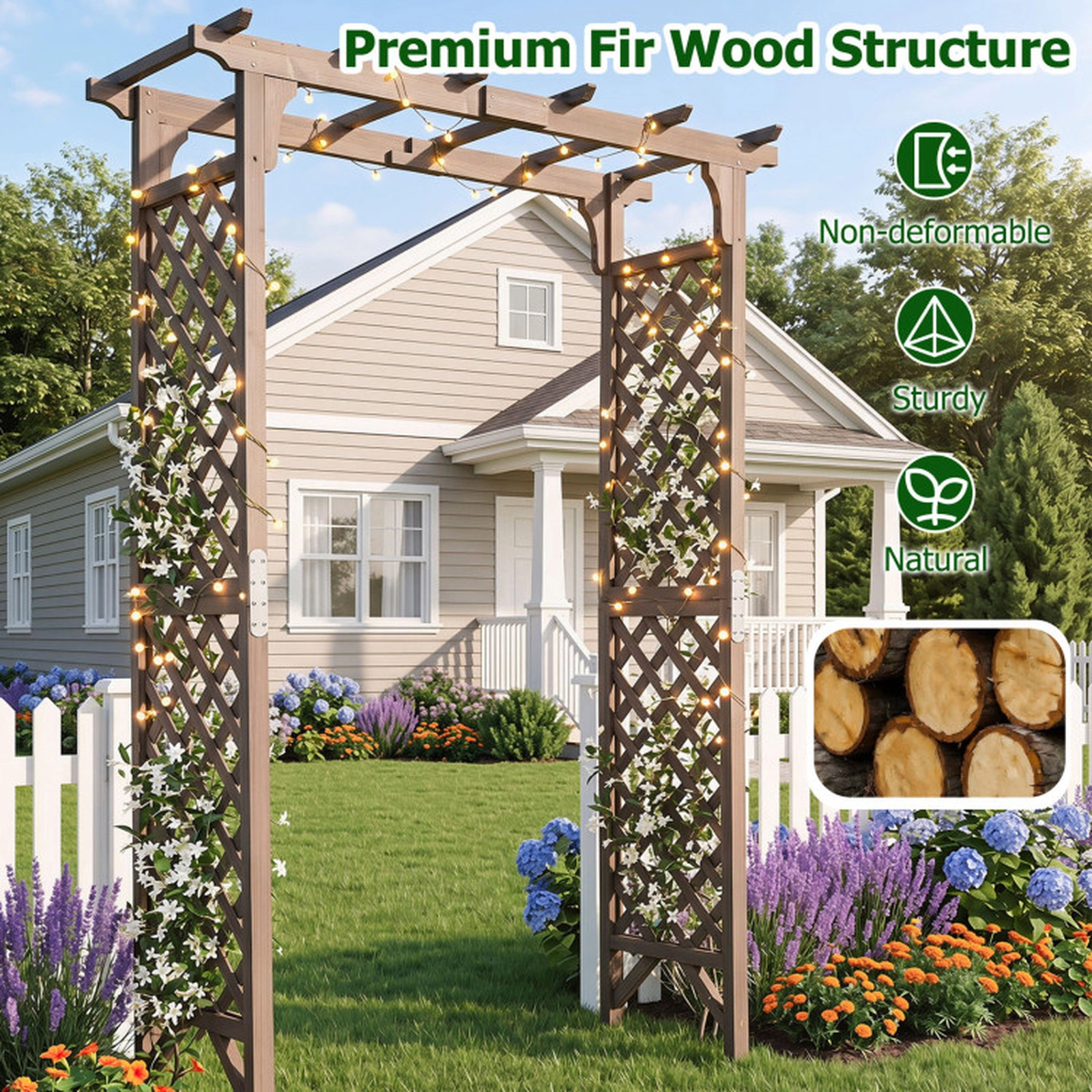 SUGIFT Dark Brown Flat Top Wooden Garden Arbor with Gate and Side Trellises 60-in W 24-in D 85-in H 49-in Entry W