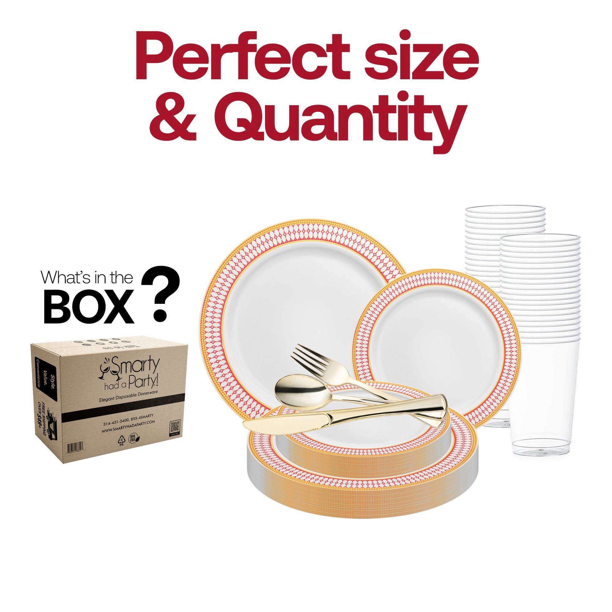 Smarty Had A Party White with Red and Gold Chord Rim Plastic Wedding Value Set