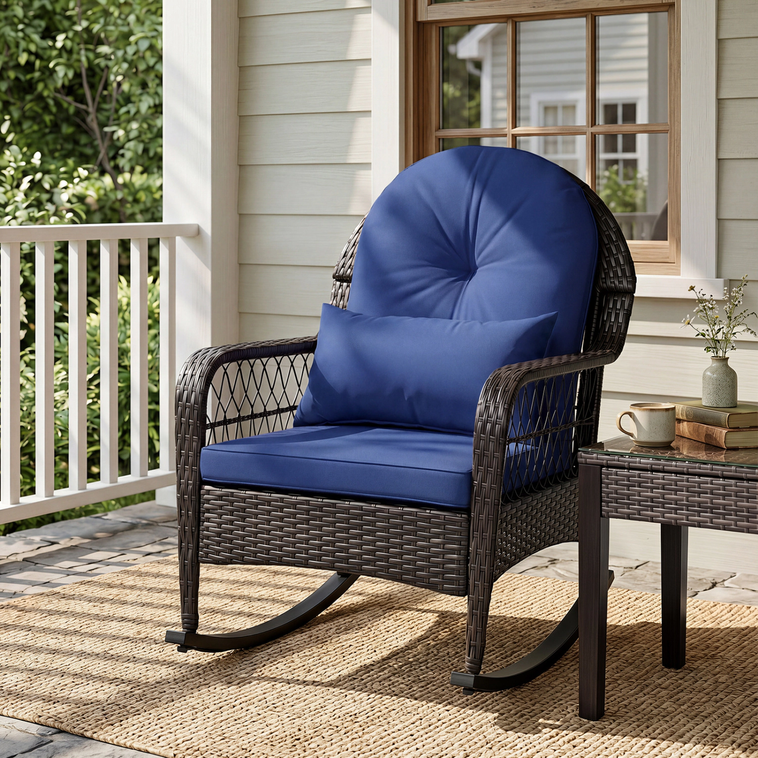 LJG Patio Rattan Rocking Chair with Seat Back Cushions and Waist Pillow