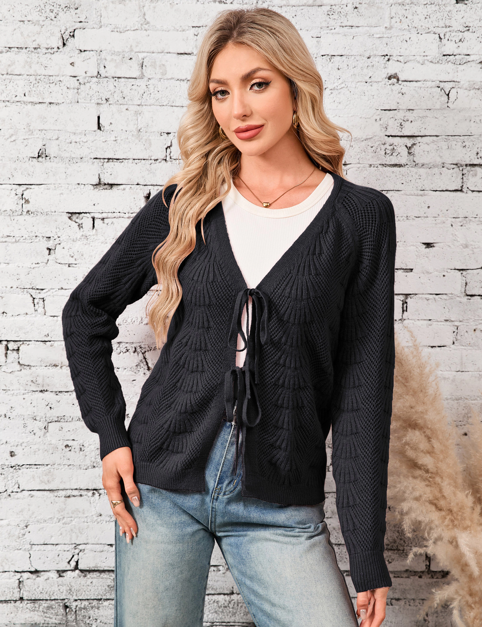 KOJOOIN Women's Lightweight Shrug Tie Front Cardigan Long Sleeve Crop Hollow Knit Sweater
