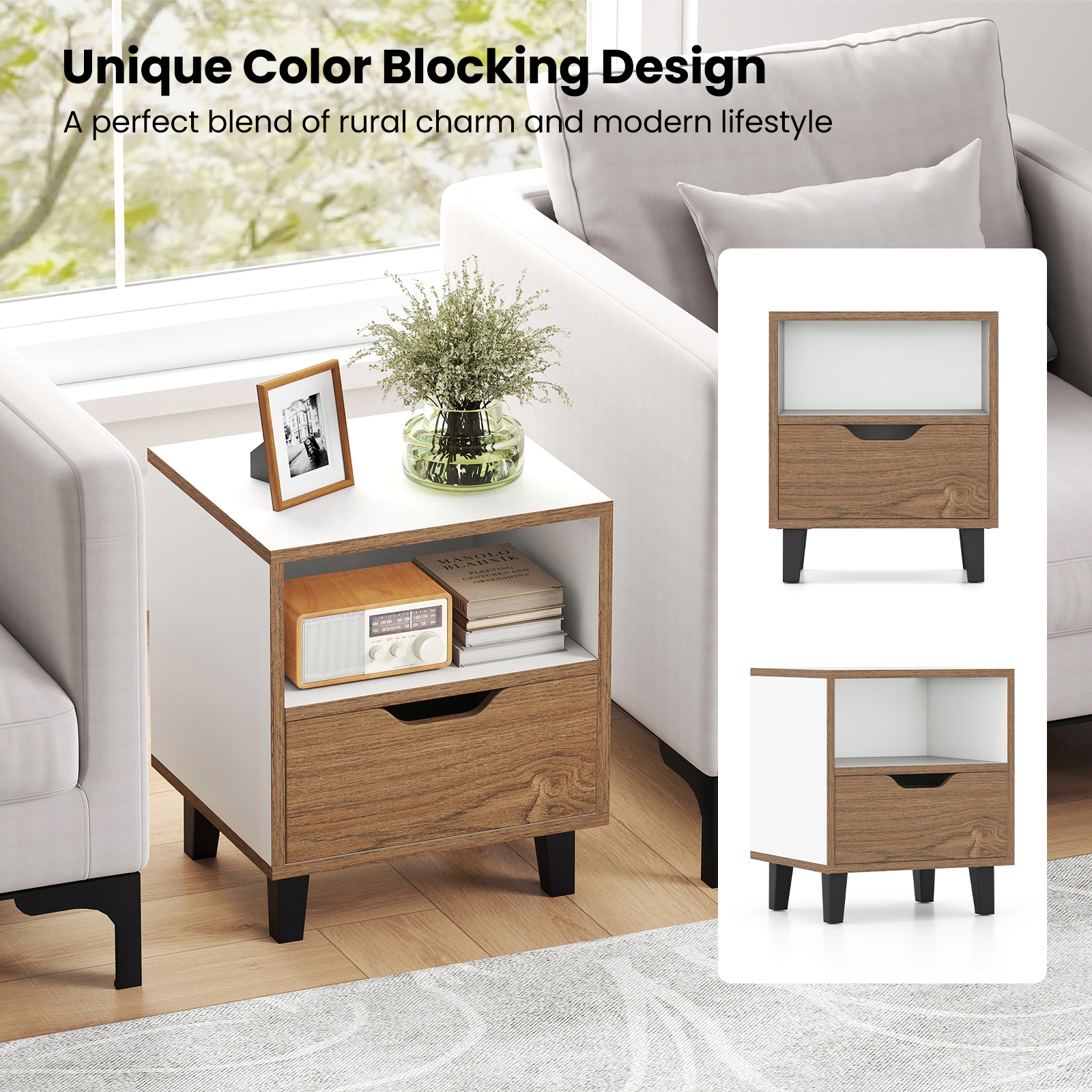 Glintex 2-Piece Compact Color-Blocked Nightstand Set with Deep Drawers, White
