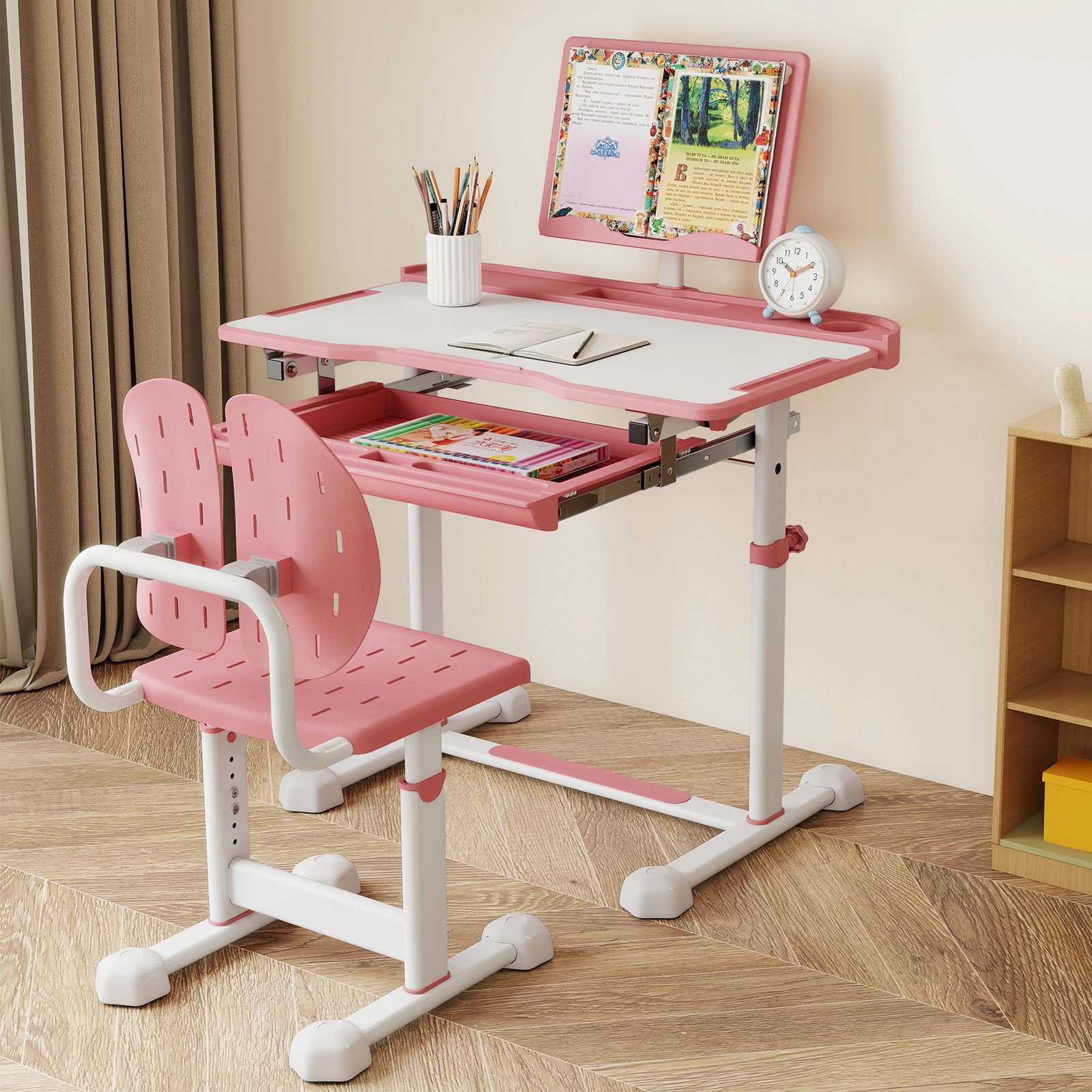 SUGIFT Adjustable Kids Study Desk & Chair Set Tilt Desktop & Book Stand 176-lb Desktop 220-lb Chair Capacity Ages 3+