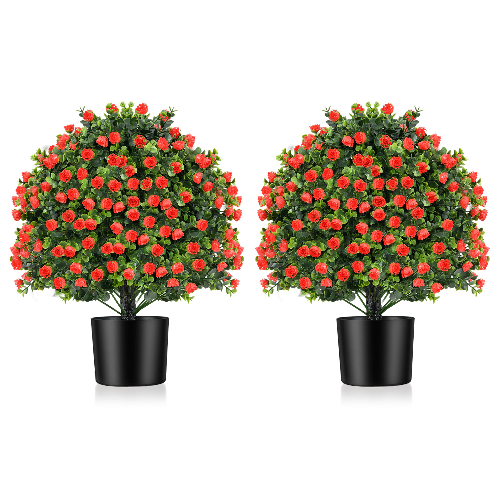 SUGIFT 2 Pack Artificial Rose Topiary Ball Trees Faux Shrub Bushes with Flowers 21.5-in Tall Green & Red & Black
