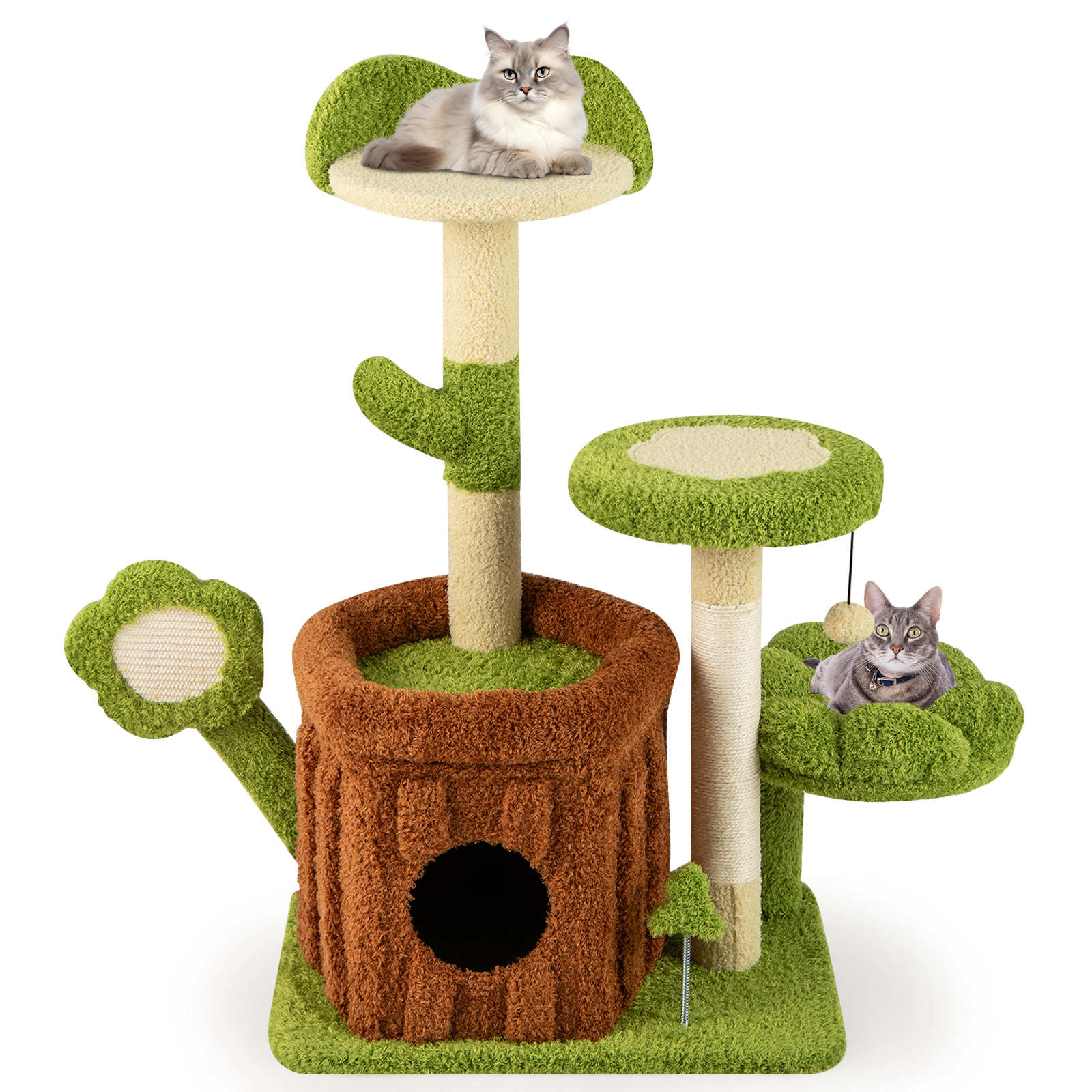 SUGIFT Trunk Condo Cat Tree Indoor Pet Jungle Activity Center 36-in Tall Flower Perches 22-lb Capacity Green + Brown