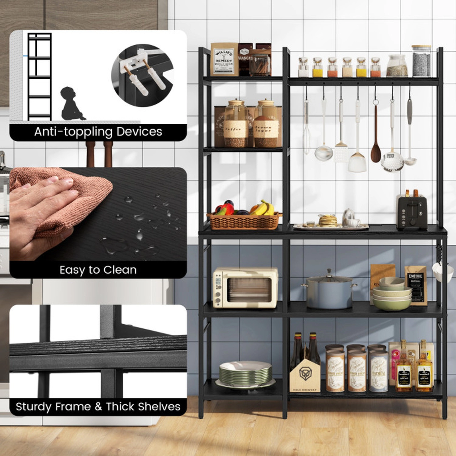 SUGIFT 5-Tier Bakers Rack Shelving Unit with Power Outlets and 10 S-Shaped Hooks 220-lb Capacity Rustic Brown/Black