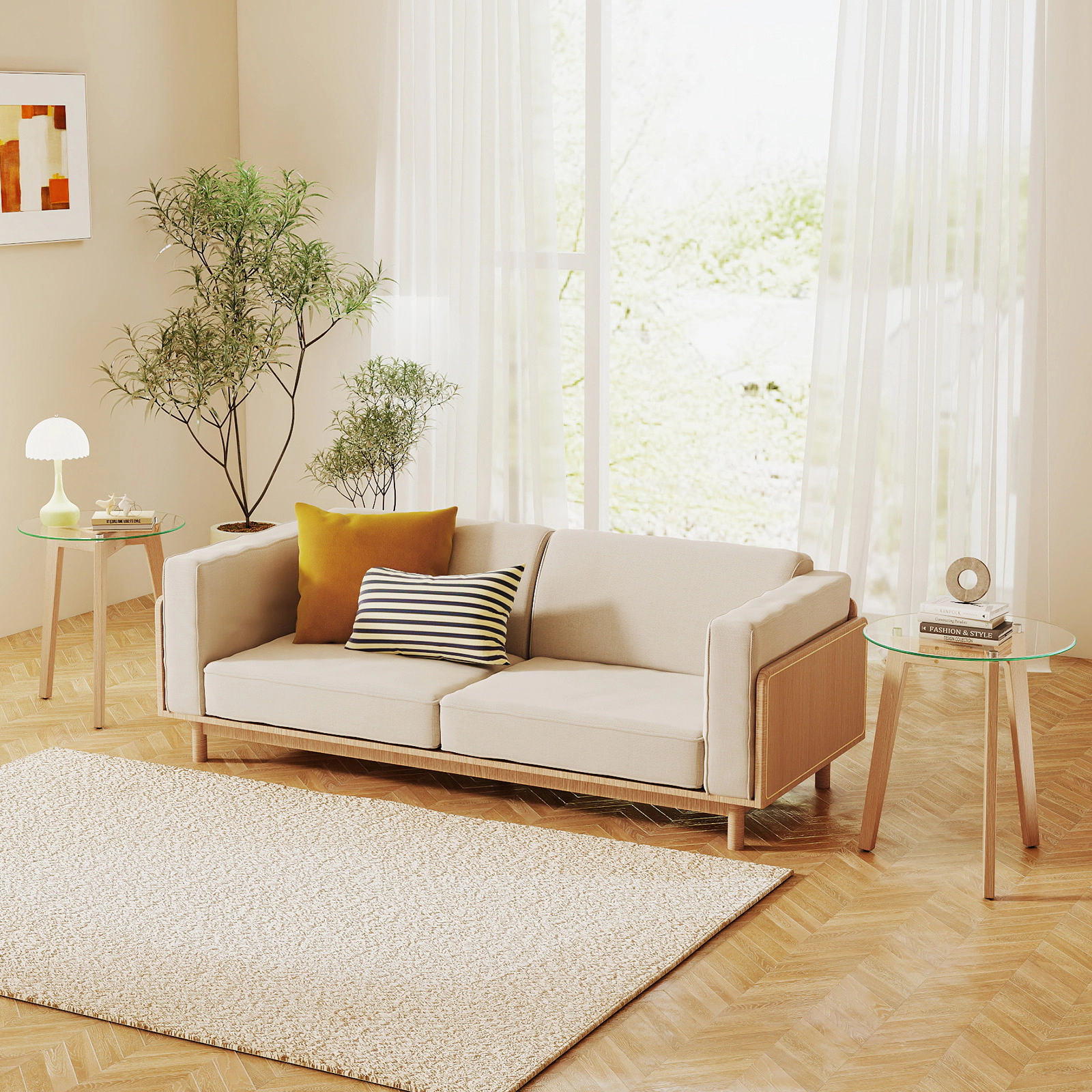 Glintex 2-Piece Round Tempered Glass End Table Set with Rubber Wood Legs, Transparent