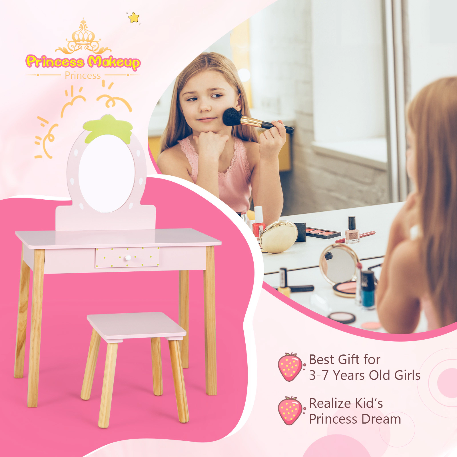 SUGIFT Pink Kids Vanity Table and Stool Set, 2-in-1 Desk with Removable Strawberry Mirror