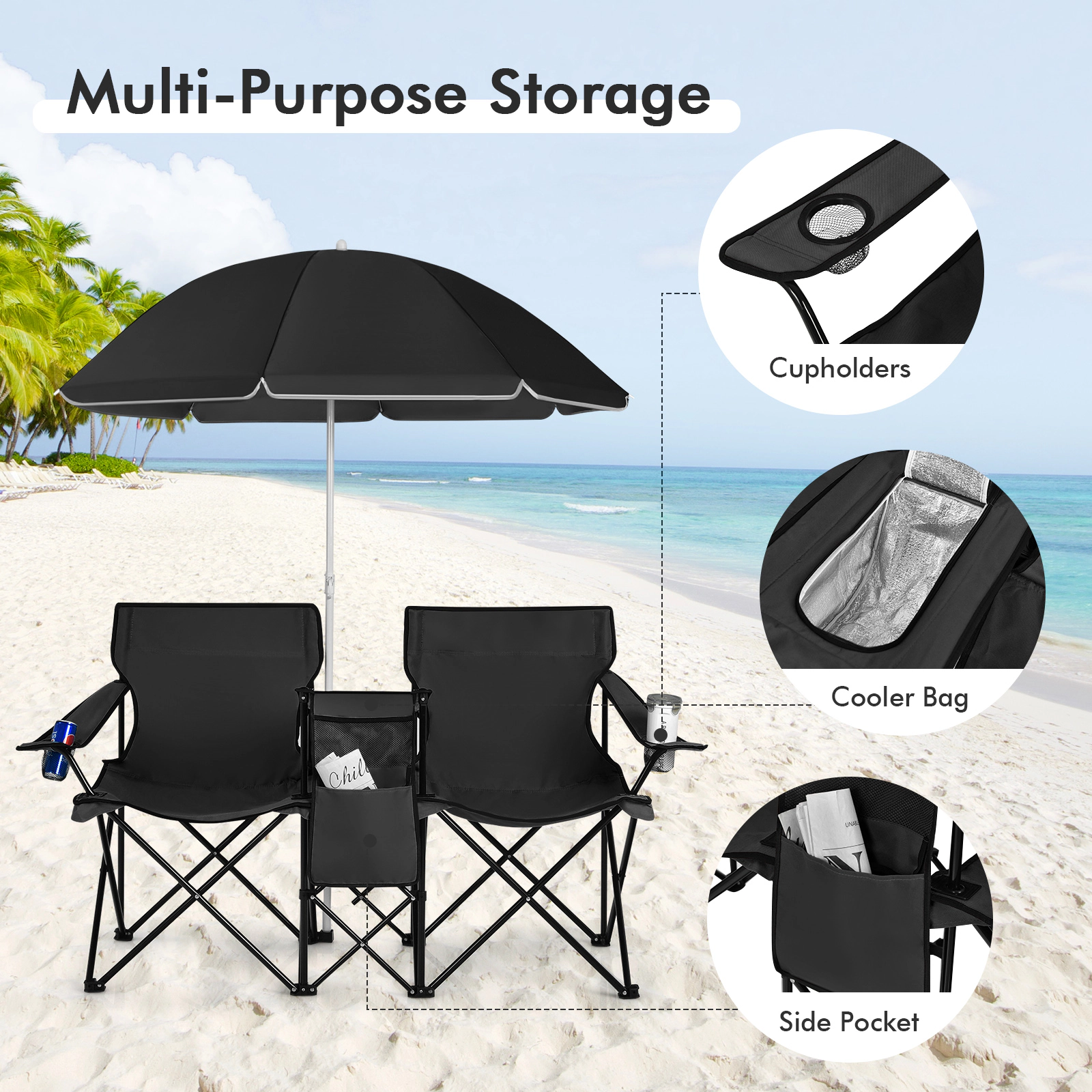 SUGIFT 2-Person 600-lb Capacity Folding Double Chair Loveseat with Height-Adjustable Umbrella and Cooler Bag