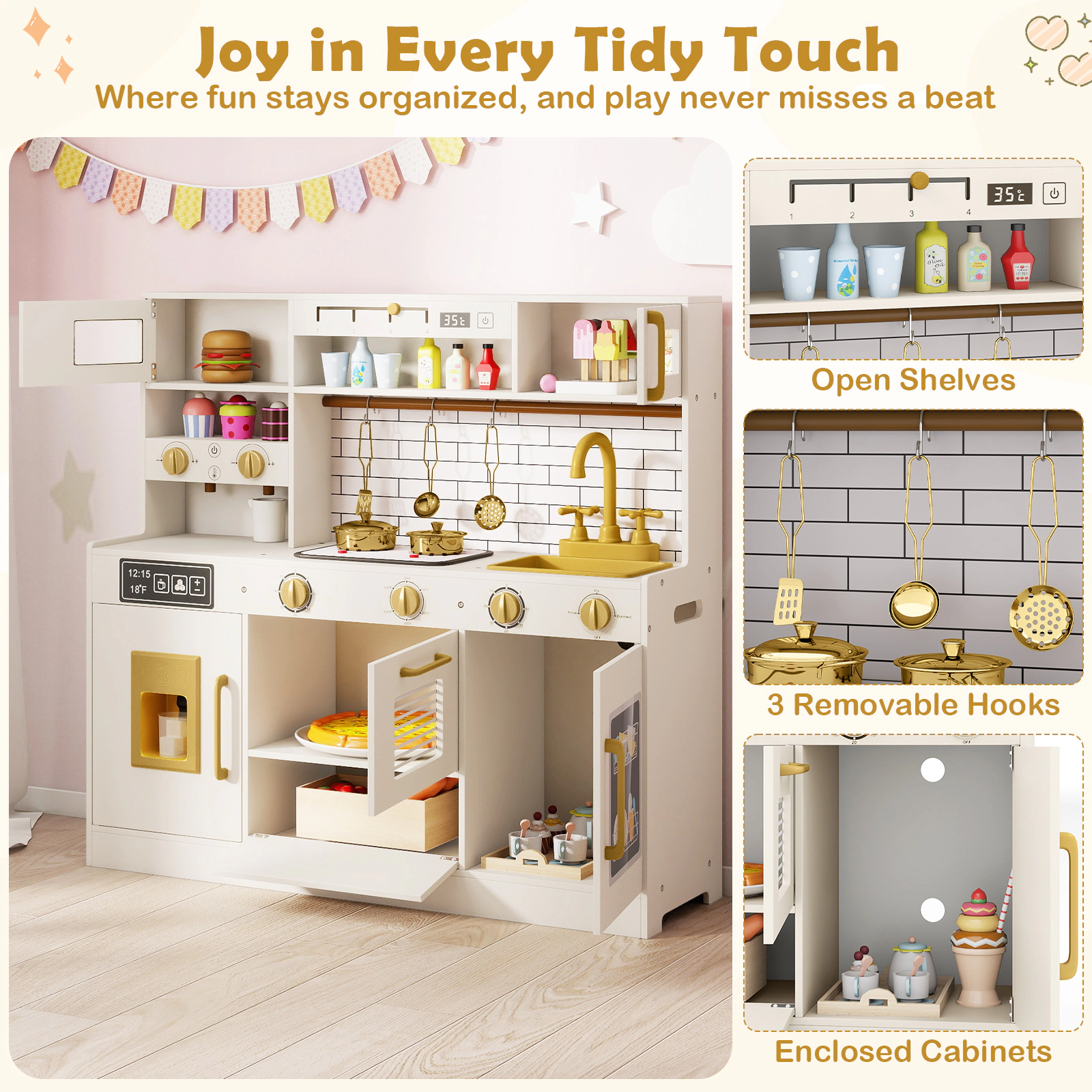 SUGIFT Pretend Toy Kitchen Set with Stoves and Water Dispenser MDF Play Kitchen 34-in Wide Ages 3+ 1-Pc Set Beige