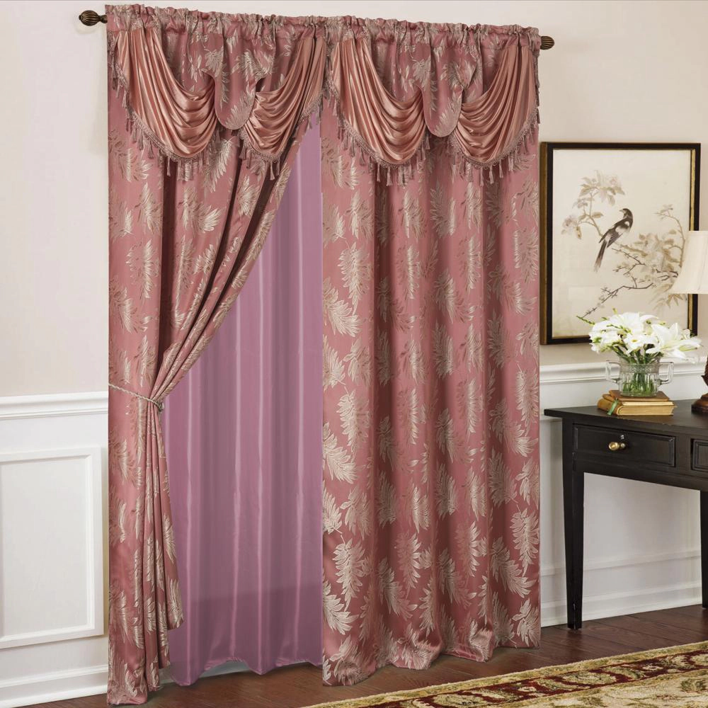 Olivia Gray Palm Floral Textured Jacquard 54 x 84 in. Single Rod Pocket Curtain Panel Valance in Rose