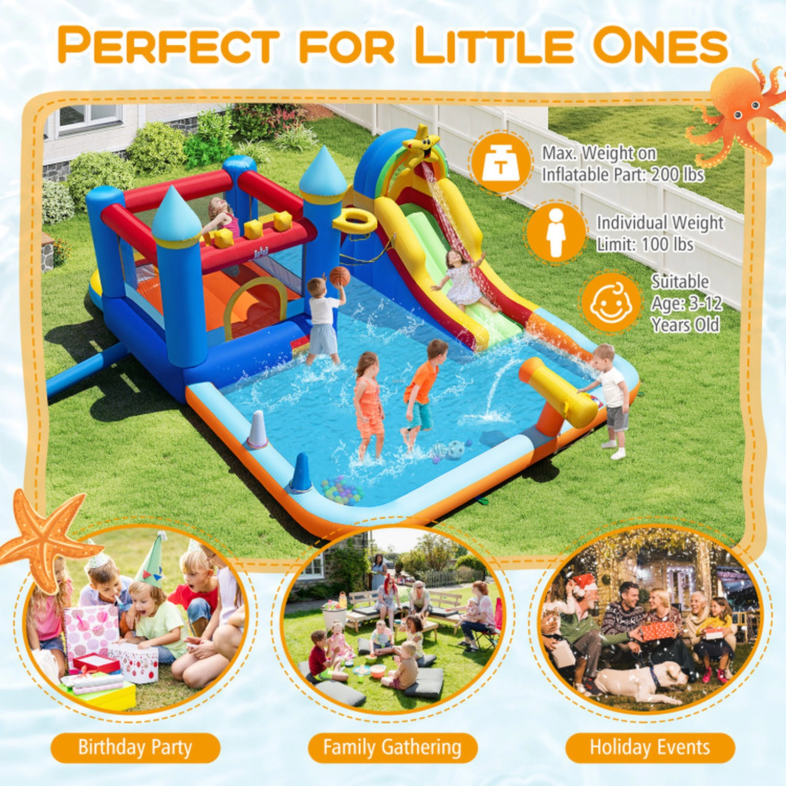 SUGIFT Inflatable Bouncy Castle Water Slide Park with Climbing Wall 50 Ocean Balls and 735W Blower