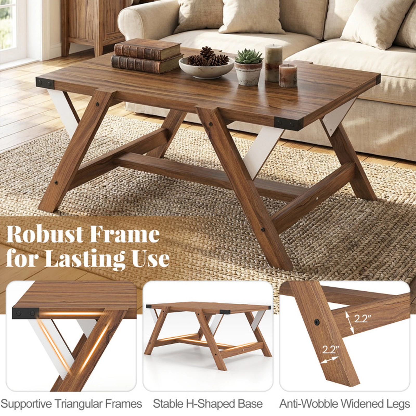 SUGIFT Farmhouse Engineered Wood Center Coffee Table 220-lb Capacity Walnut
