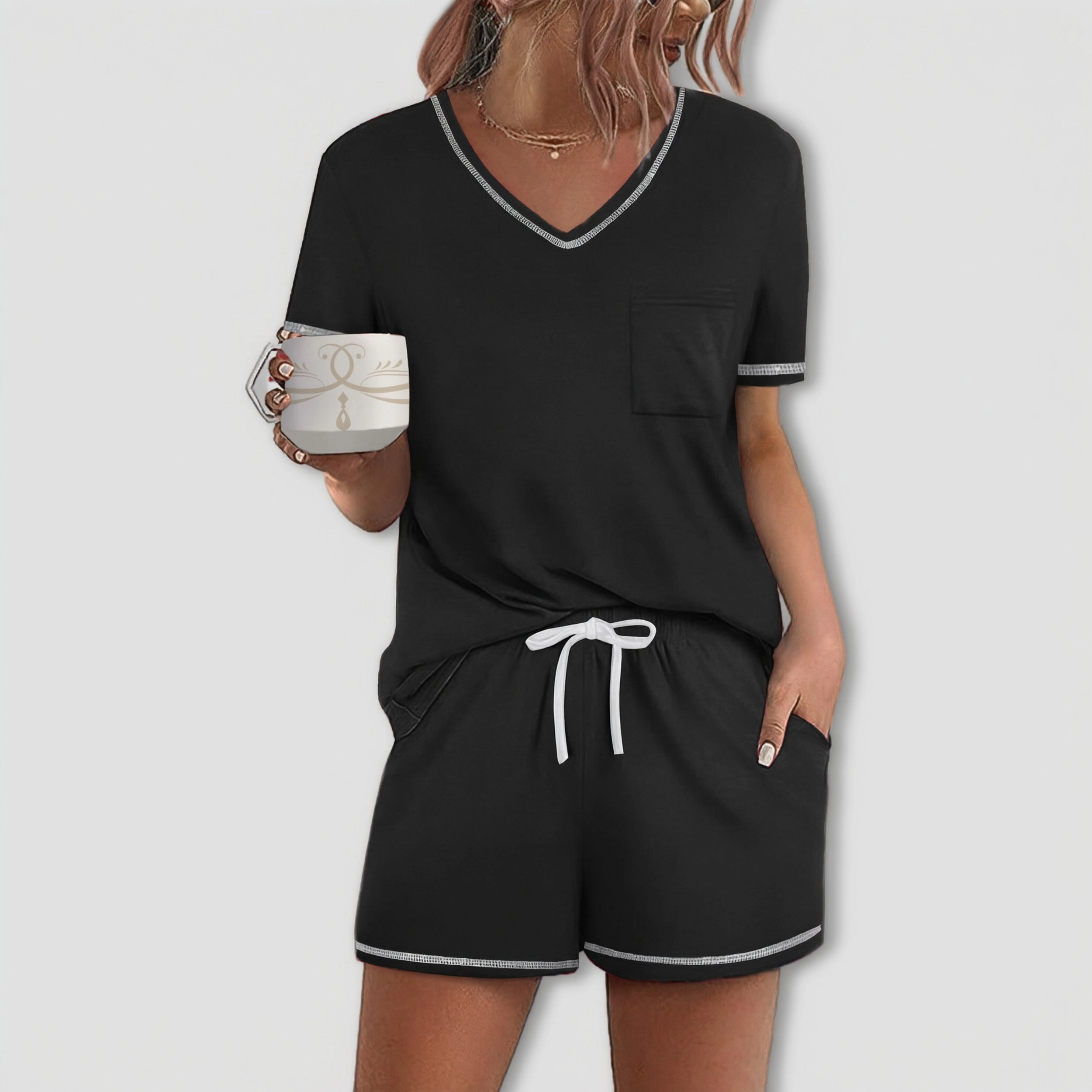 Ekouaer Women's V Neck Short Sleeve Pajamas Set with Plaid Shorts