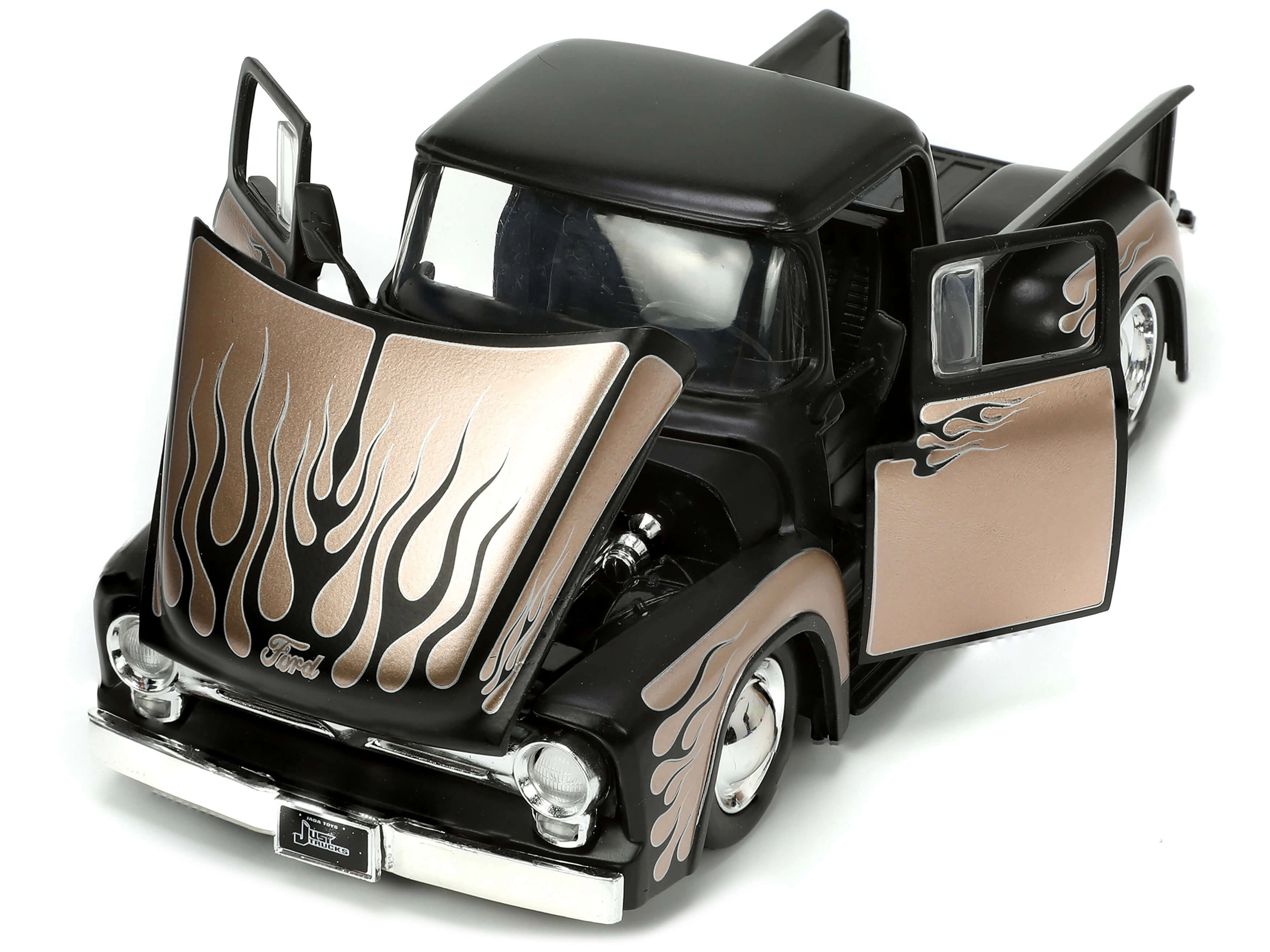 Jada 1956 Ford F-100 Pickup Truck Matt Black and Champagne with Flames with Extra Wheels "Just Trucks" Series