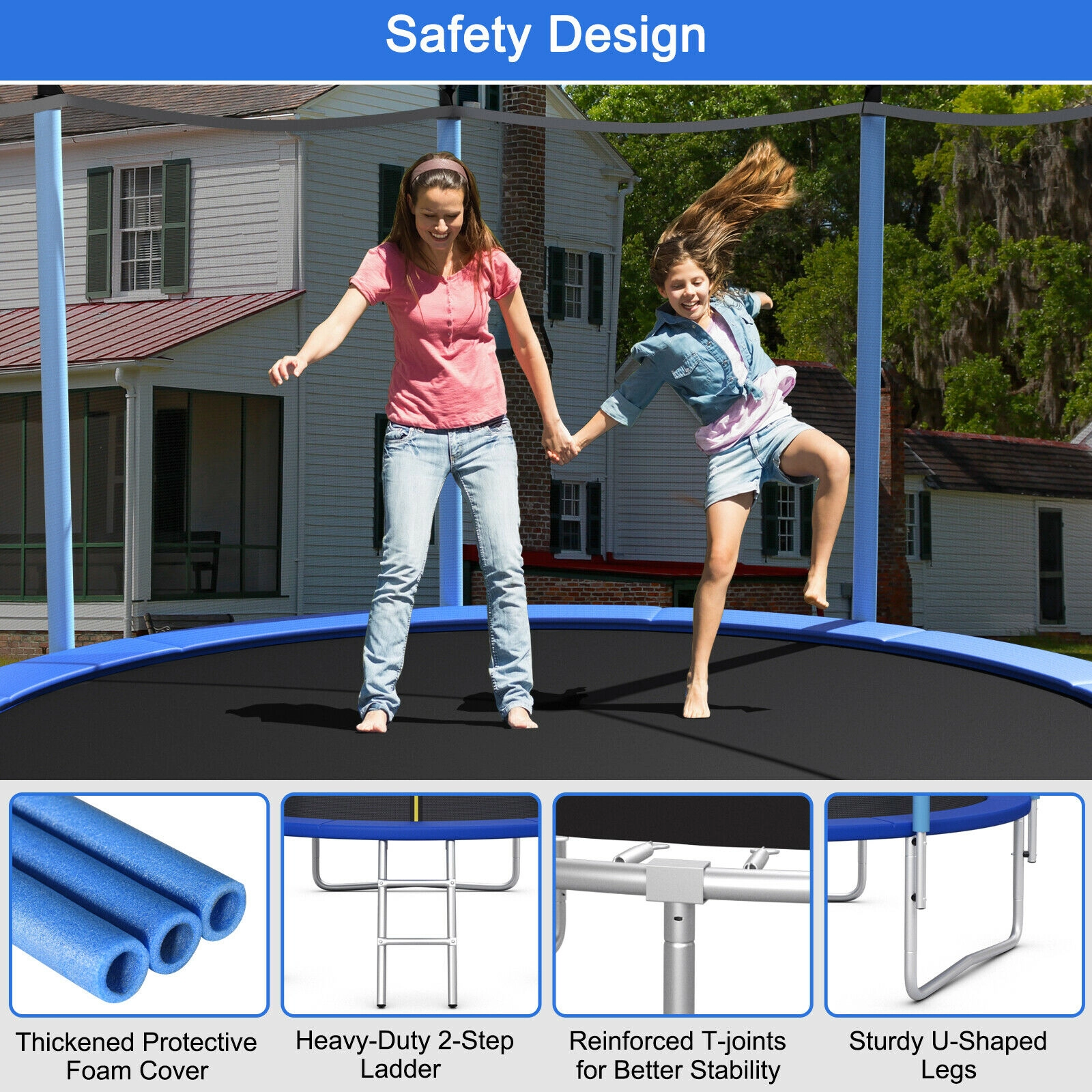 14-ft Trampoline Safety Enclosure Net Ladder Ages 6+ U-Shaped Legs ASTM Certified Outdoor Recreational Trampoline