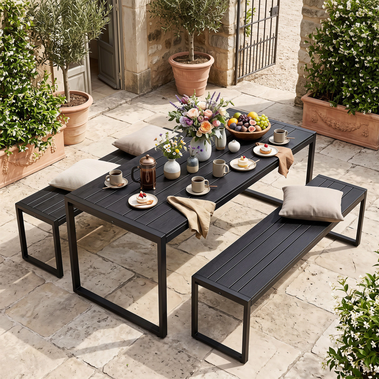 LJG 48" Outdoor Bench with Wood-Plastic Composite and Metal Frame Slatted Sea for Garden
