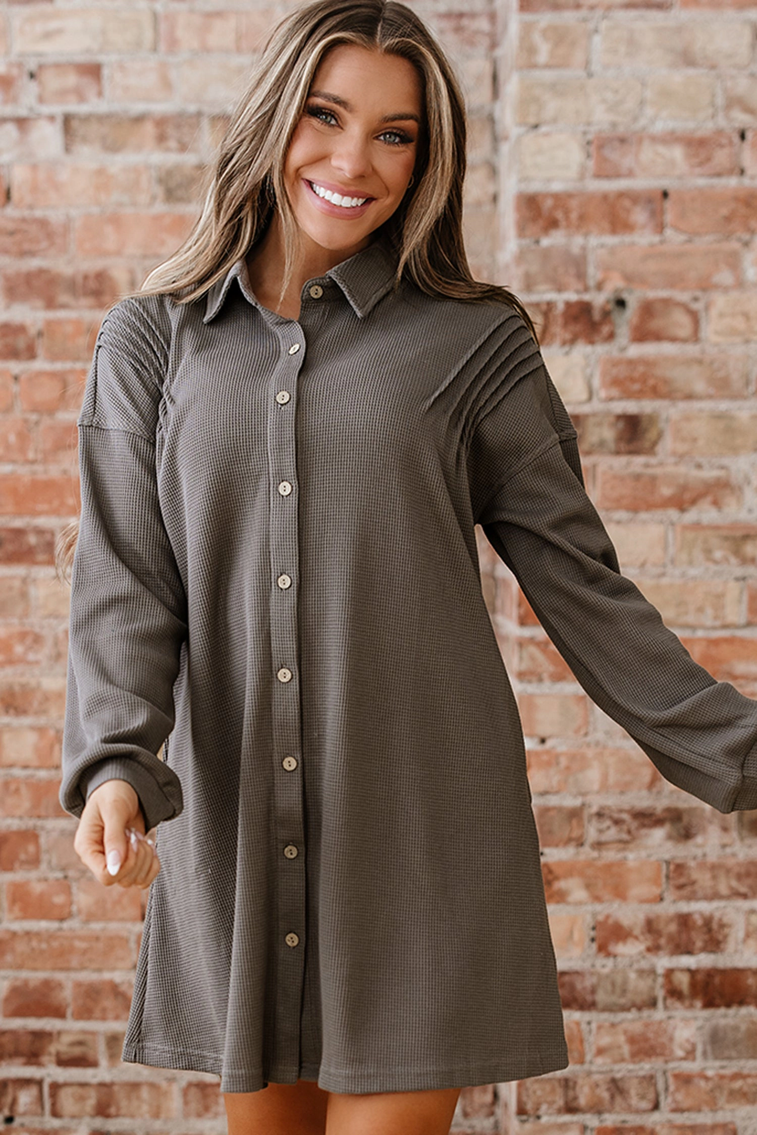 Threaded Pear Women's Viviana Taupe Waffle Knit Shirt