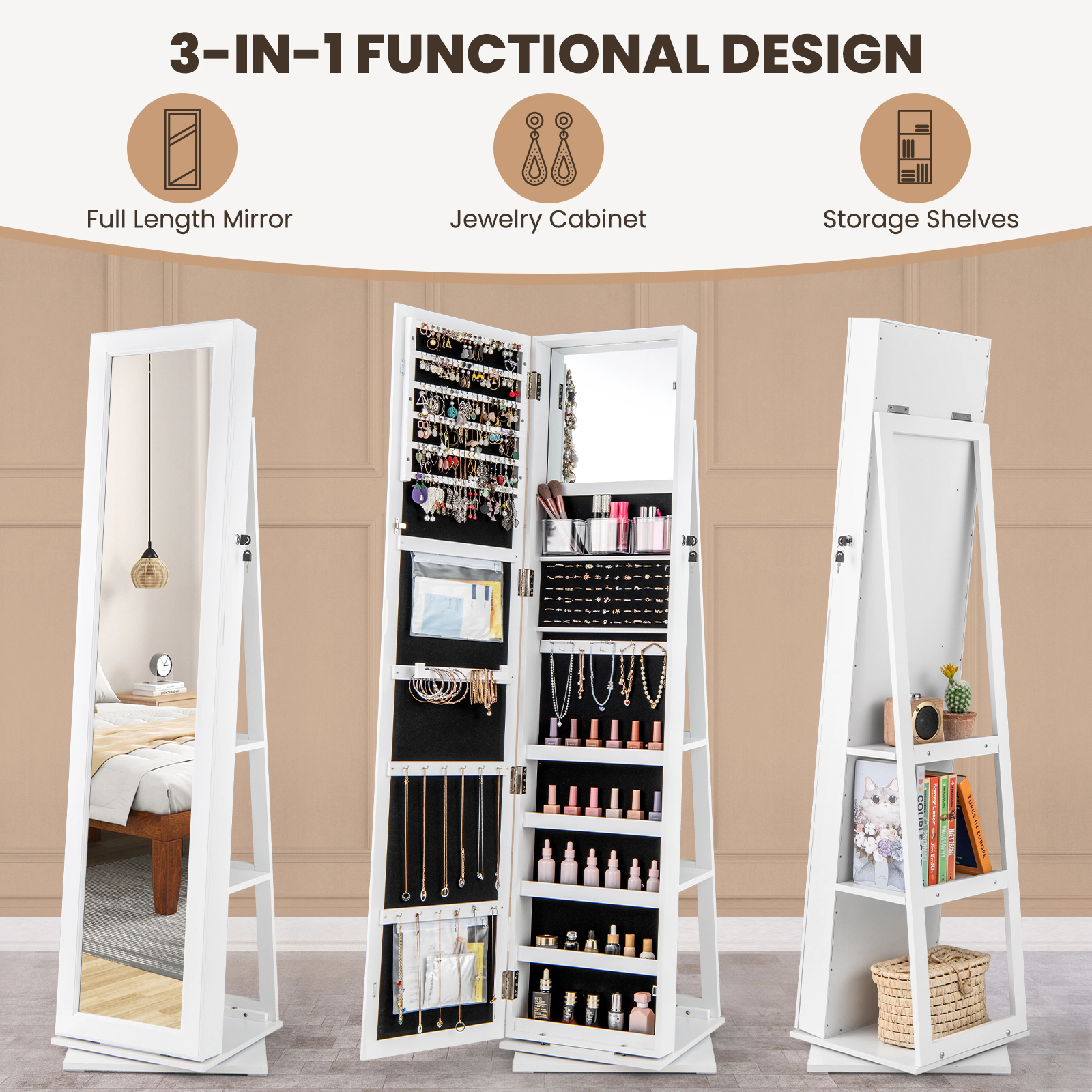 SUGIFT 62.5 in Swivel Jewelry Armoire White with Full Length Mirror and 3 Back Storage Shelves