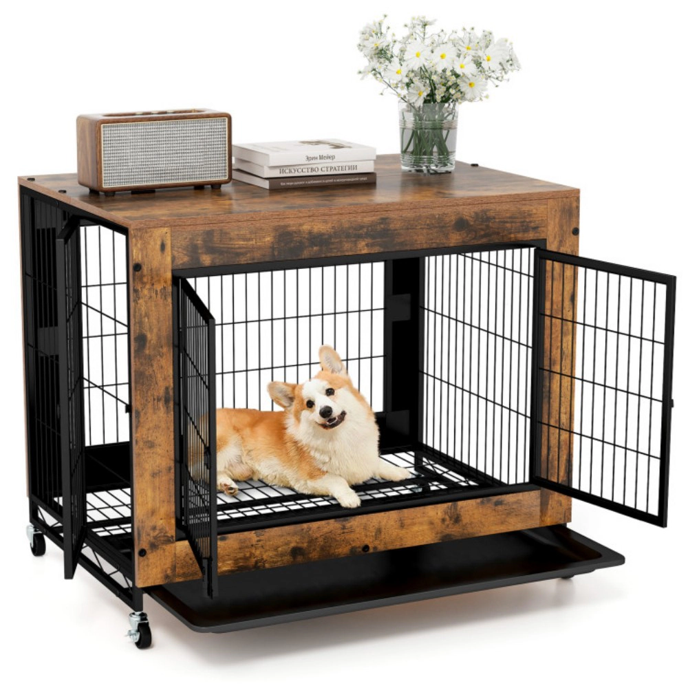 SUGIFT Industrial Dog Kennel Pet Crate Flip-Up Top 3 Lockable Doors Tray 132-lb Capacity 66-lb Top Rustic Brown