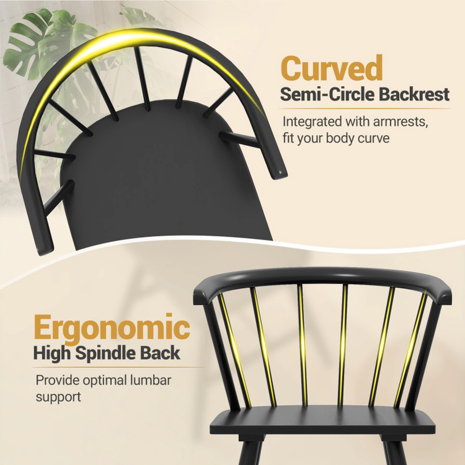 SUGIFT Ergonomic High-Back Windsor Dining Chair Set of 4 Rubber Wood 330-Lb Capacity Black