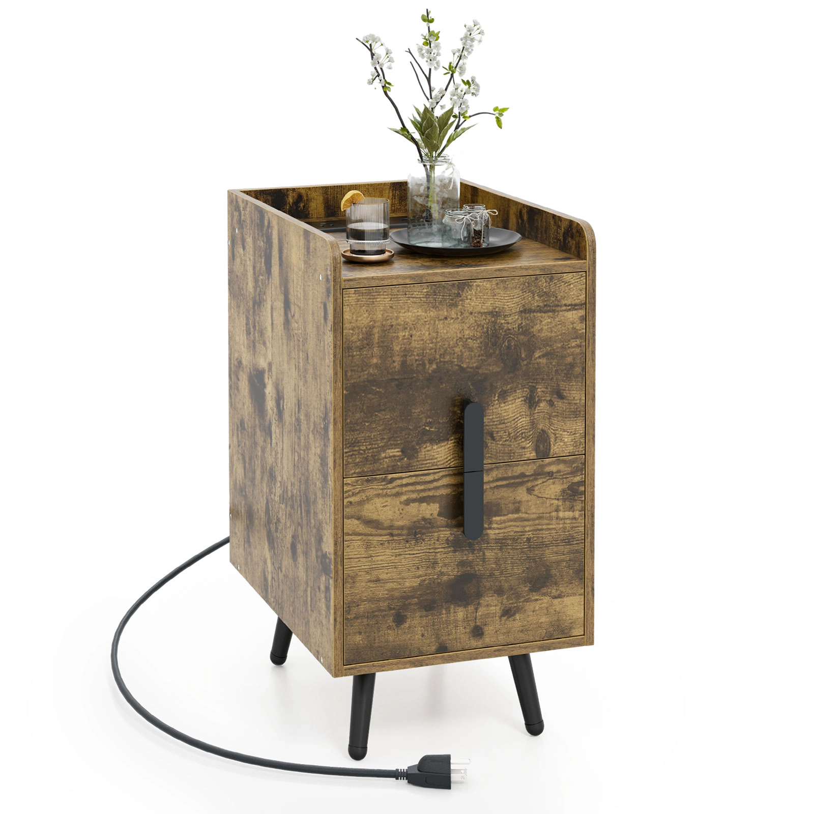 Glintex Nightstand with 3 AC Outlets 2 USB Ports and Raised Edge Tabletop