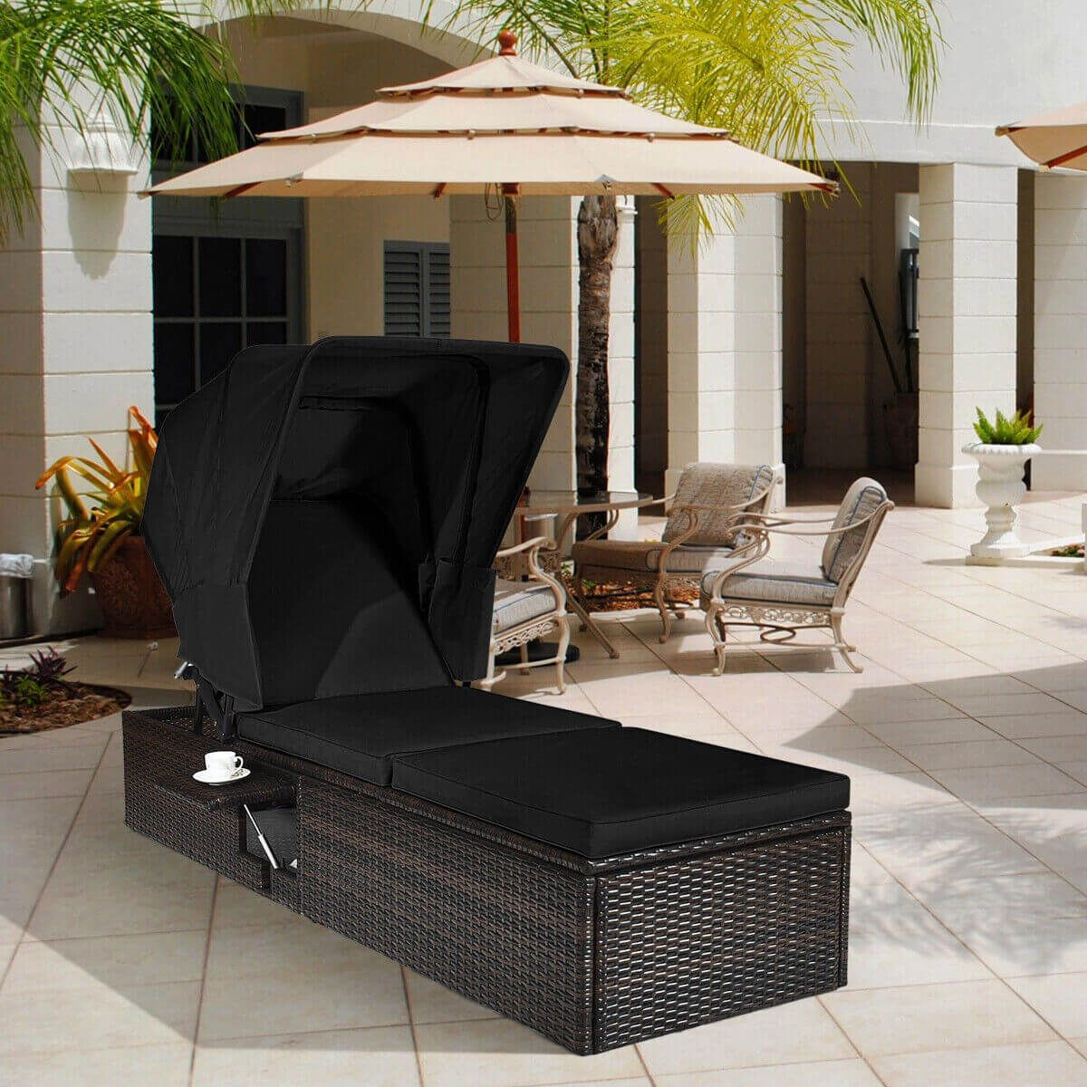 SlickBlue Outdoor Chaise Lounge with Retractable Canopy and Table