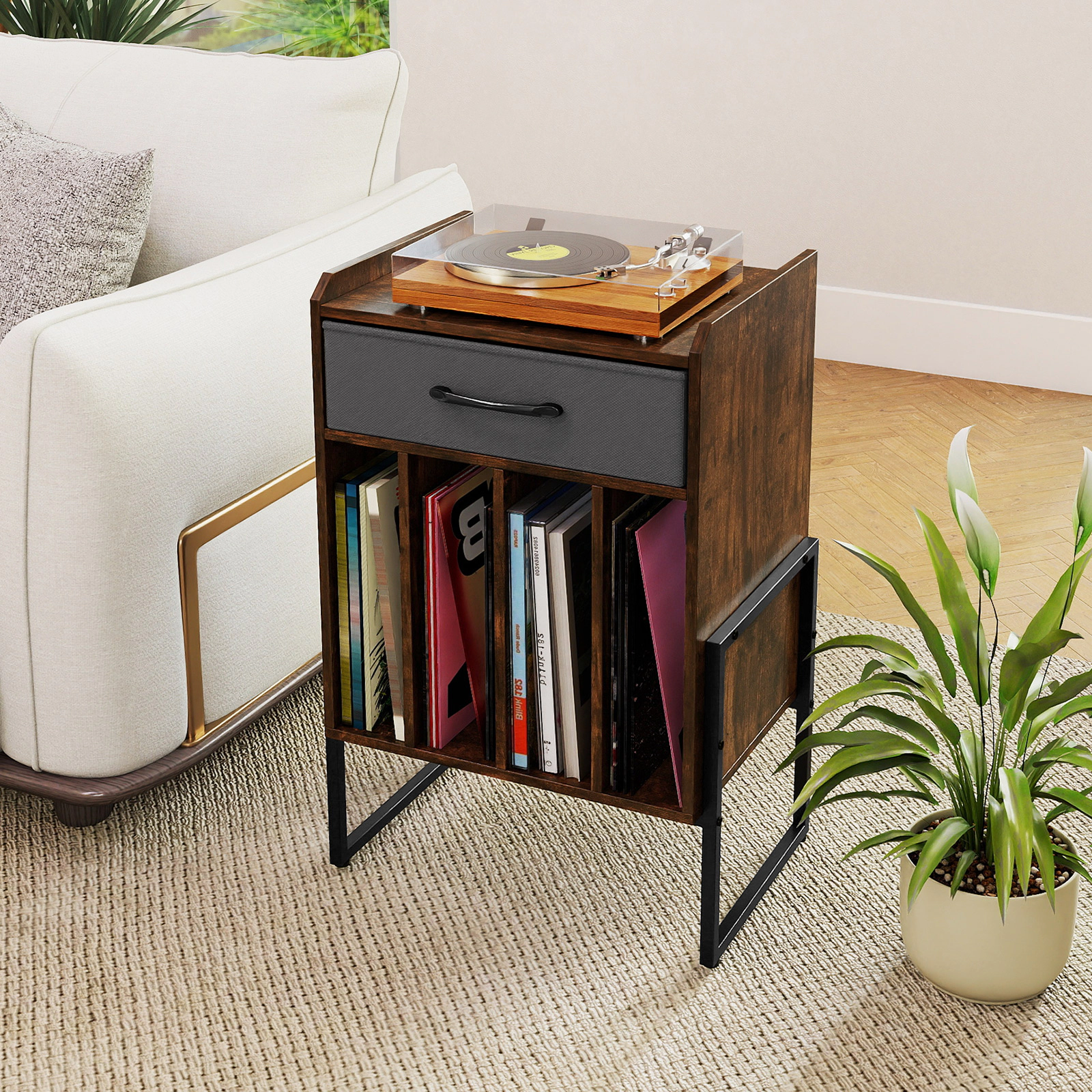 SUGIFT 27-Inch Rustic Brown Record Player Stand with Fabric Drawer and Vinyl Storage