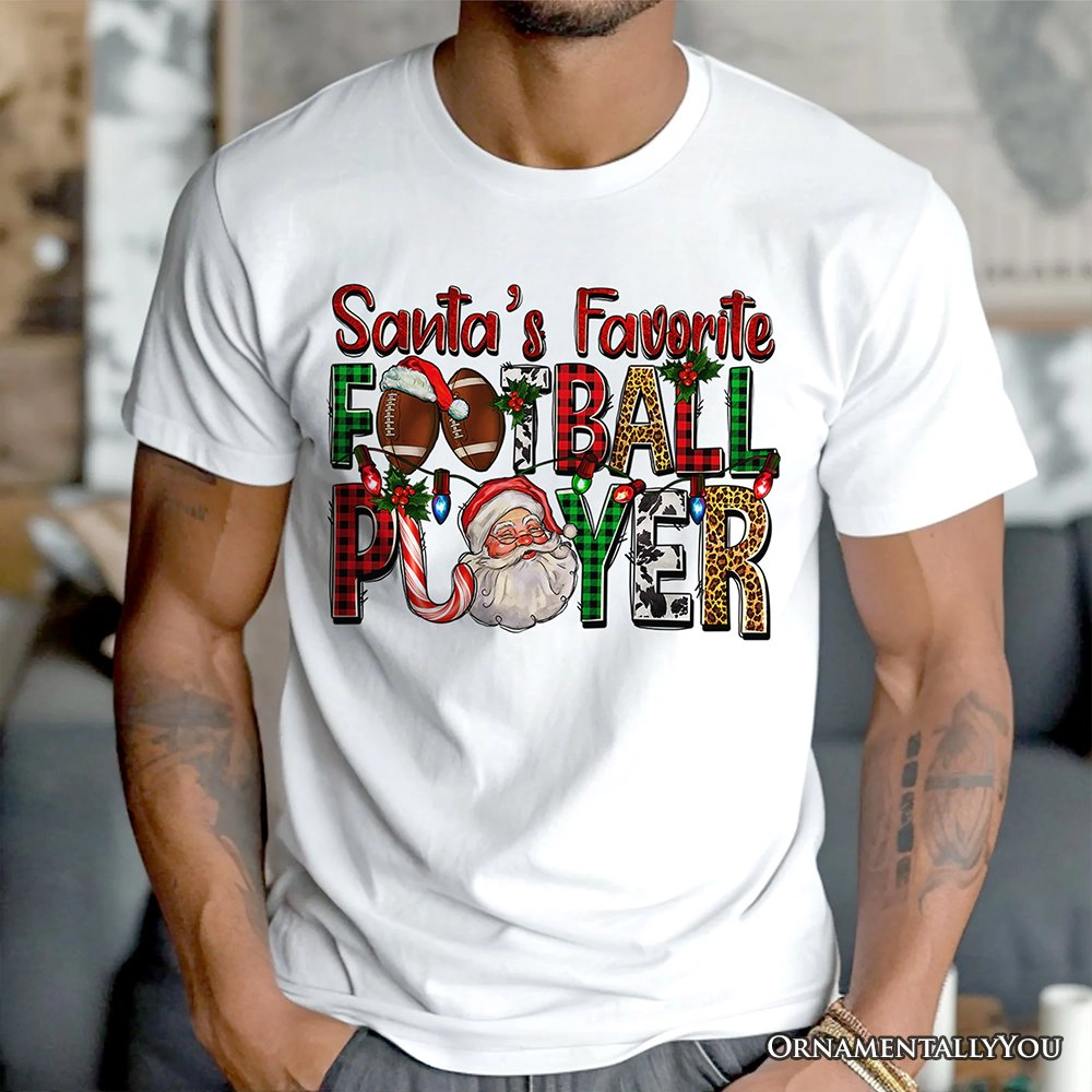 OrnamentallyYou Mens Santa's Favorite Football Player Plaid Christmas T-Shirt