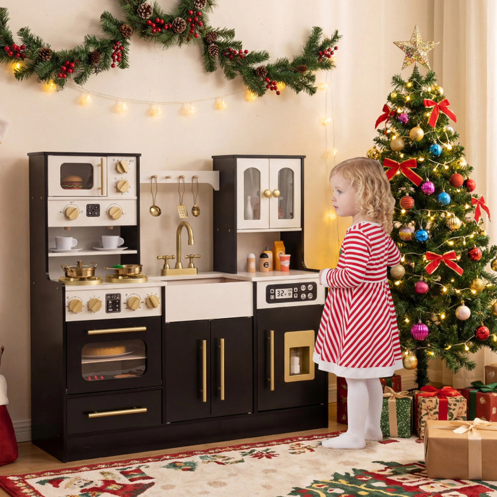 SUGIFT Wooden Kids Kitchen Playset with Realistic Lights and Sounds Play Ice Maker 36.5-in Wide Ages 3+ Black/White