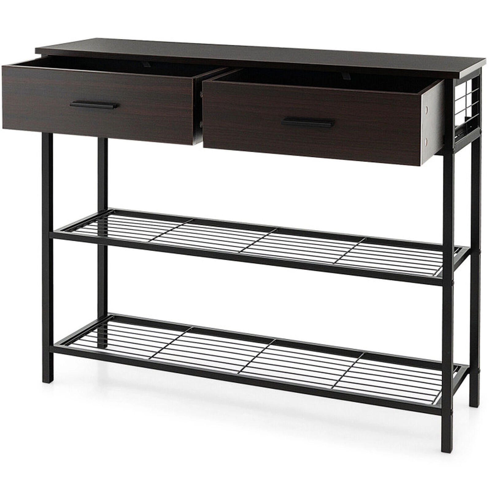 SUGIFT Entryway Table with 2 Drawers and 2-Tier Metal Shelves 88-Lb Tabletop Capacity Dark Brown