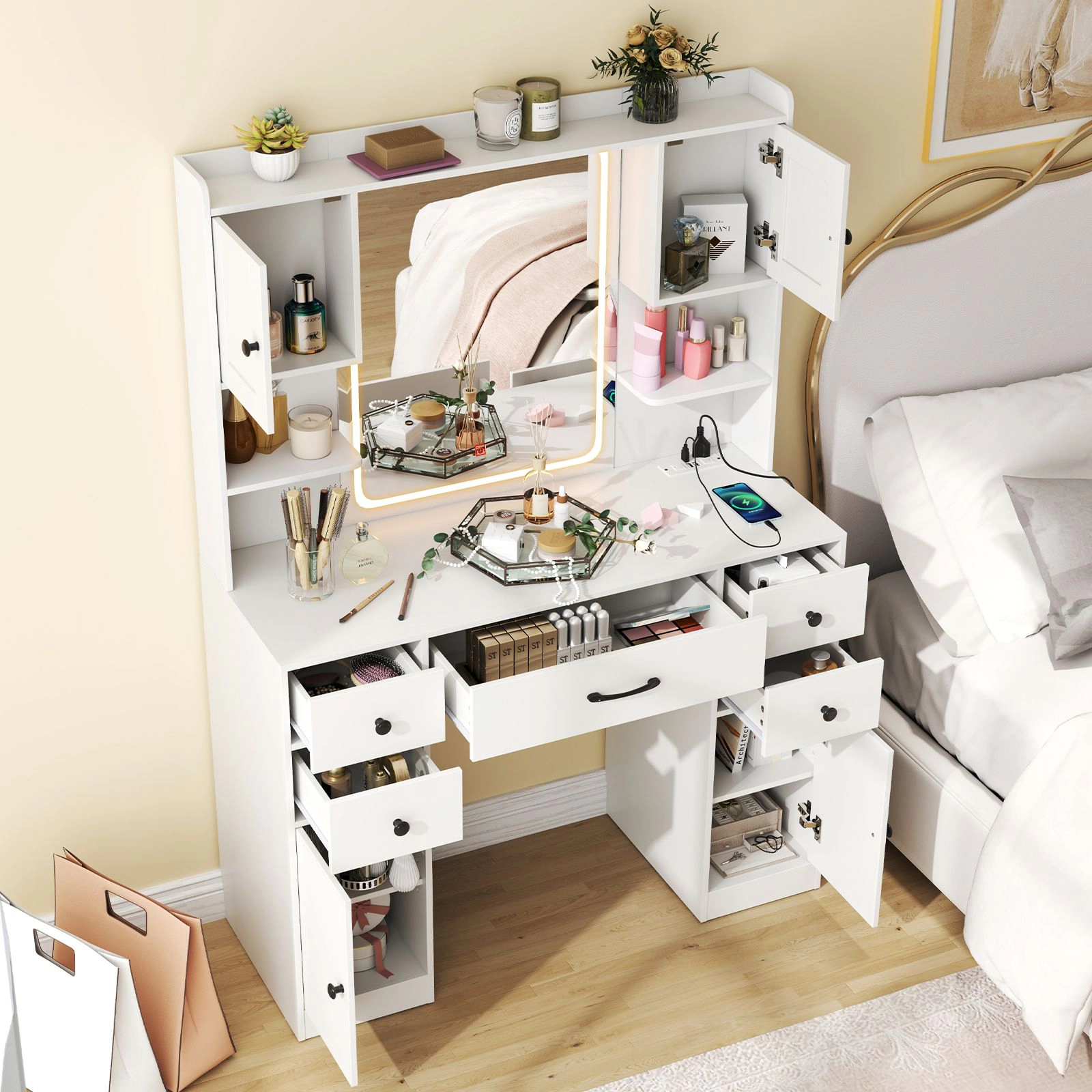 SlickBlue White Vanity Table with Mirror and Charging Station