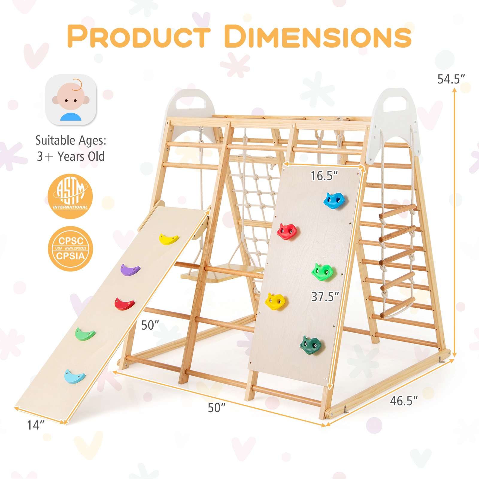 SUGIFT 8-in-1 Wooden Jungle Gym Climber Playset Slide & Monkey Bars 530-lb Capacity Ages 1 Years+ Multicolor/Natural