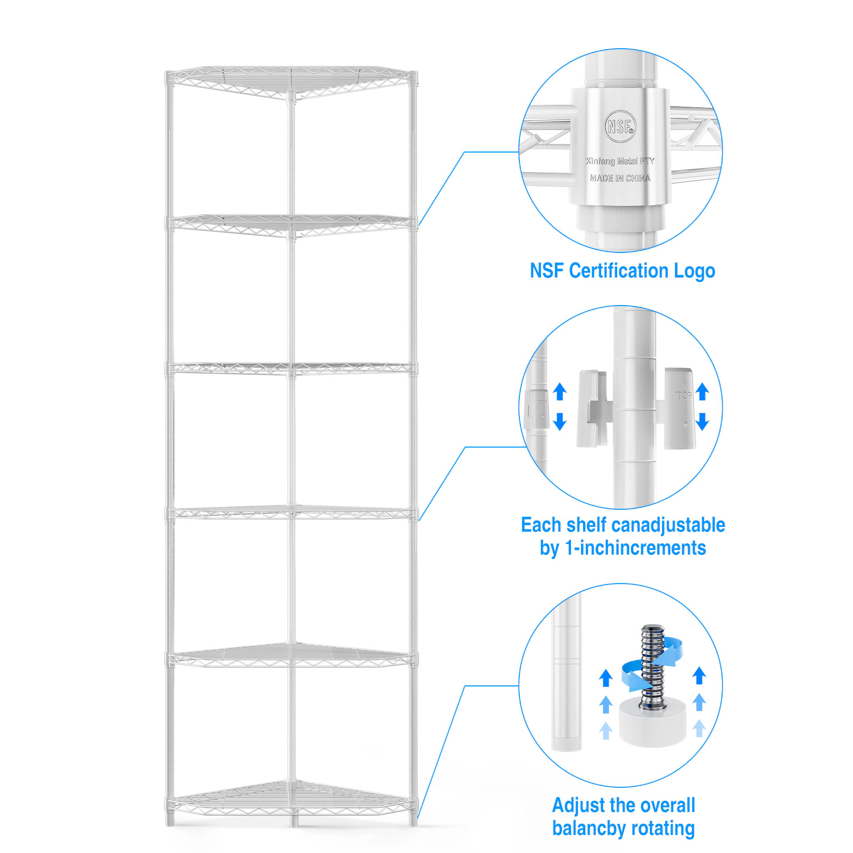Flynama White Corner Shelving Space Saving Hexa Tier Pro Adjustable Heavy Duty Rack for Bathroom Kitchen and Living Room