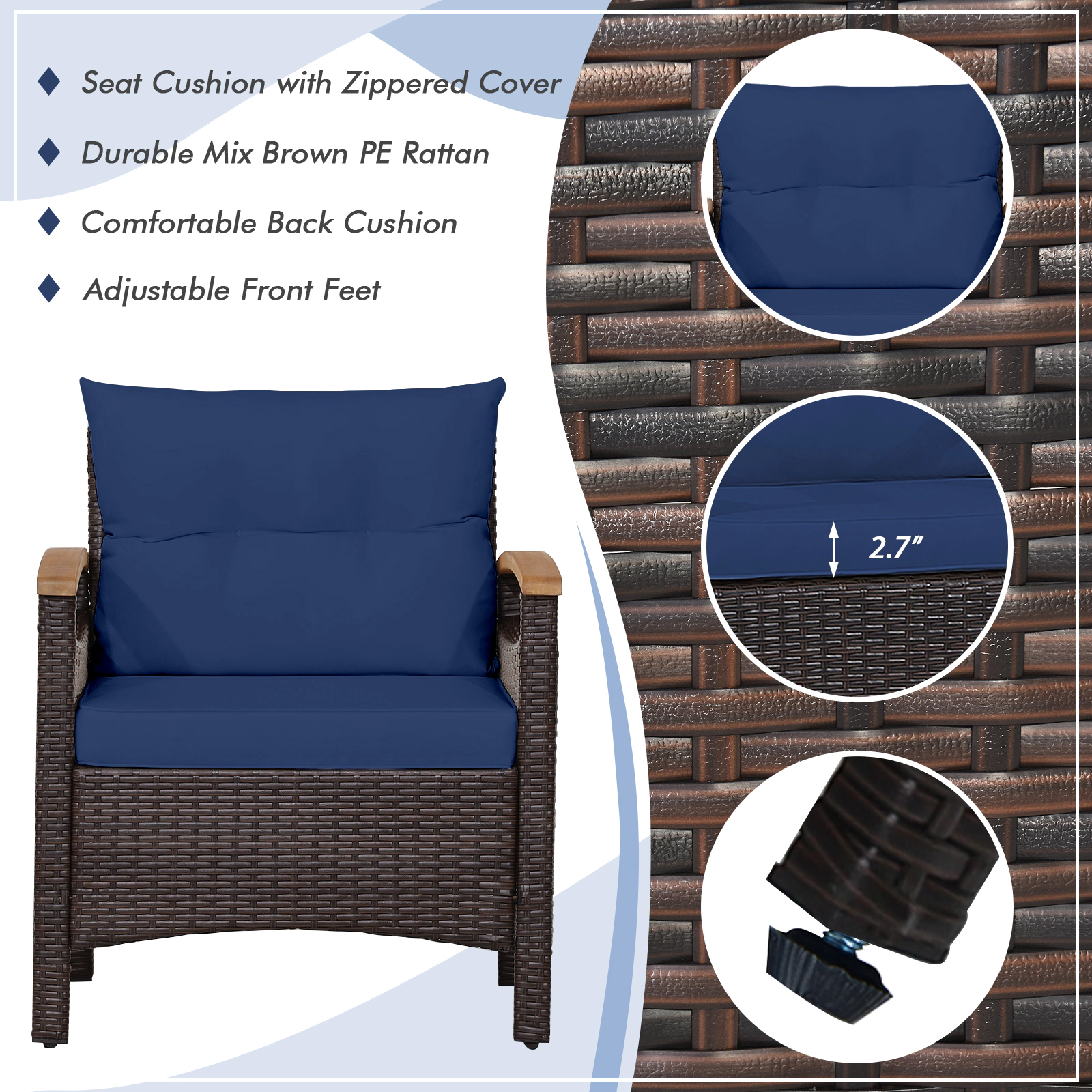 SUGIFT 3-Piece Brown PE Wicker Patio Set with Cushioned Sofas and Acacia Wood Table