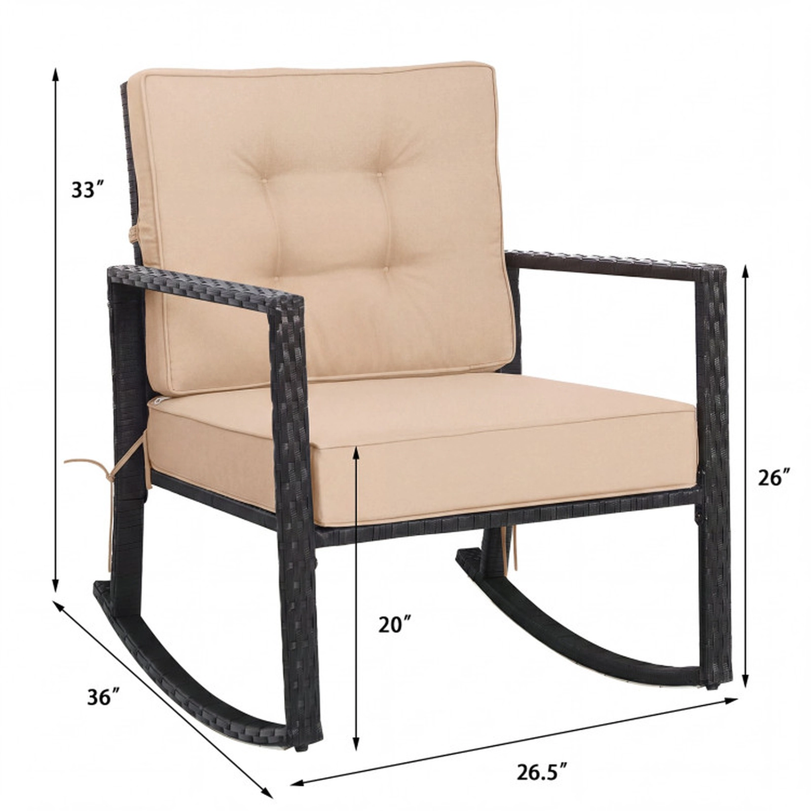 SUGIFT Brown 5-in Seat Cushion and Iron Frame Patio Rattan Rocking Chair