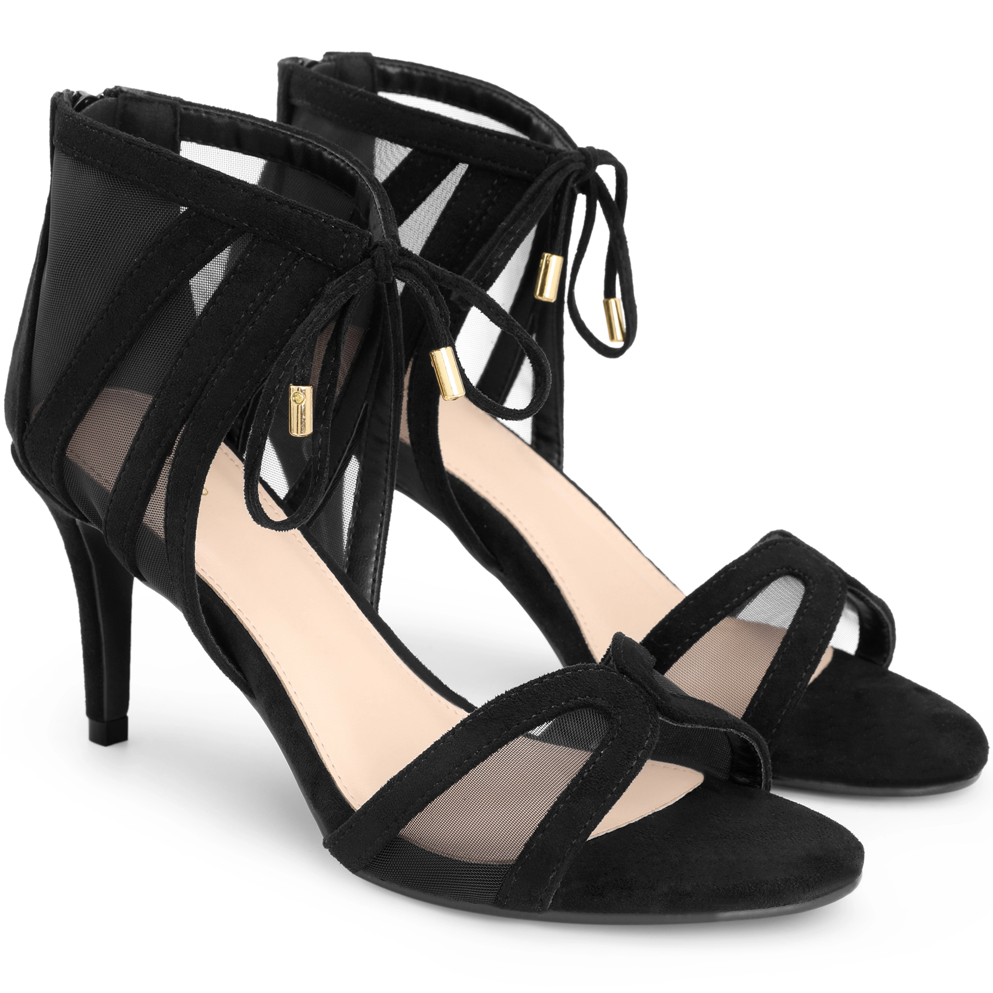 BLISSFUL STEP Women's Mesh Open Toe Lace Up Zip Stiletto Heel Gladiator Sandals