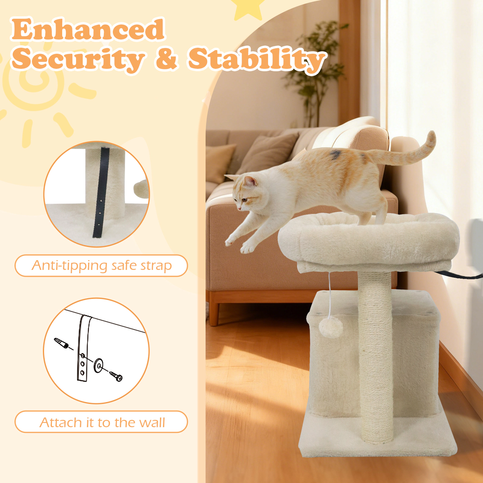 SUGIFT 19.5-in Beige Kitten Cat Tree with Large Padded Plush Perch Condo and Sisal Scratching Posts