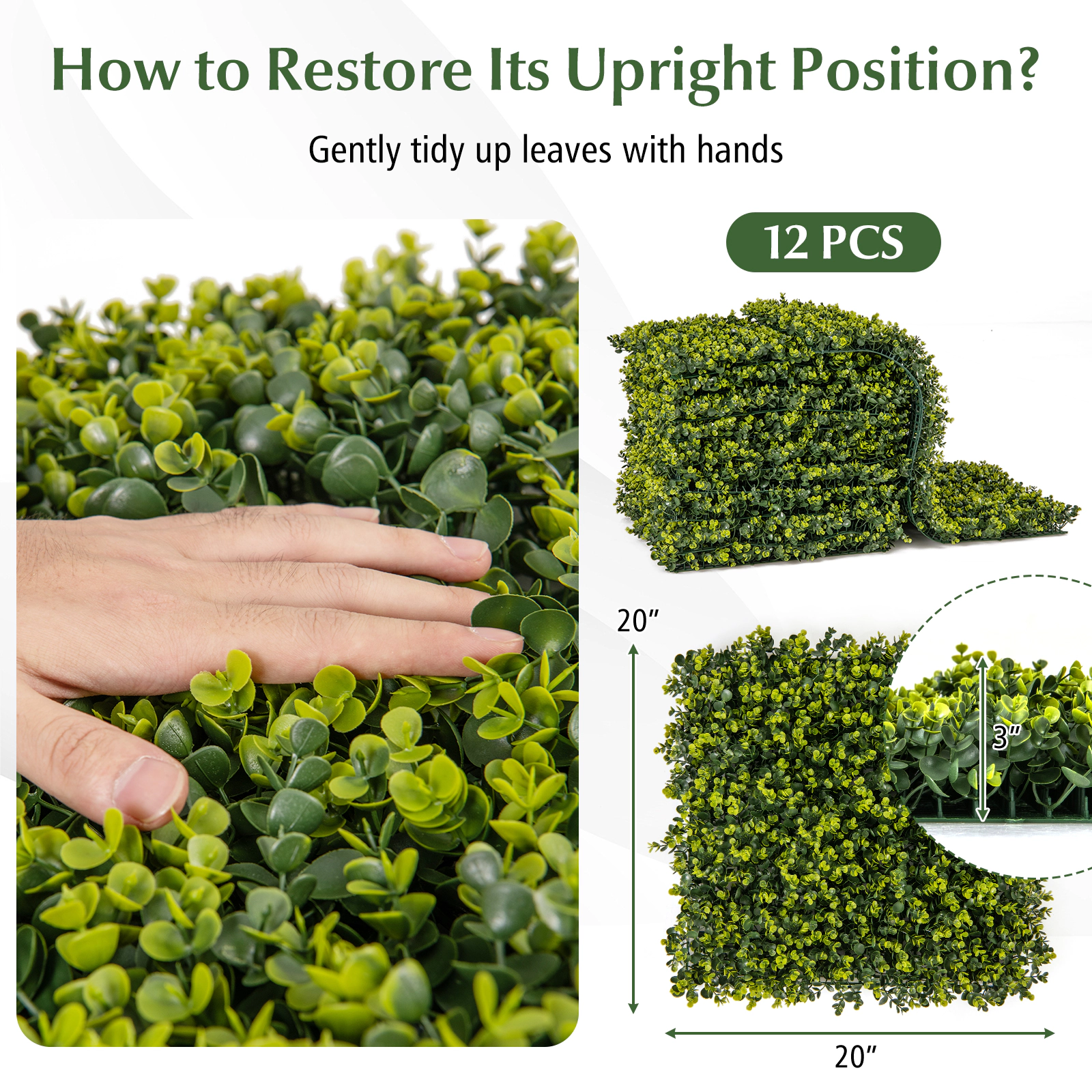 SUGIFT 12-Piece 20-in Green Artificial Eucalyptus Hedge Panels with 3-in Thickness and 32-sq ft Coverage