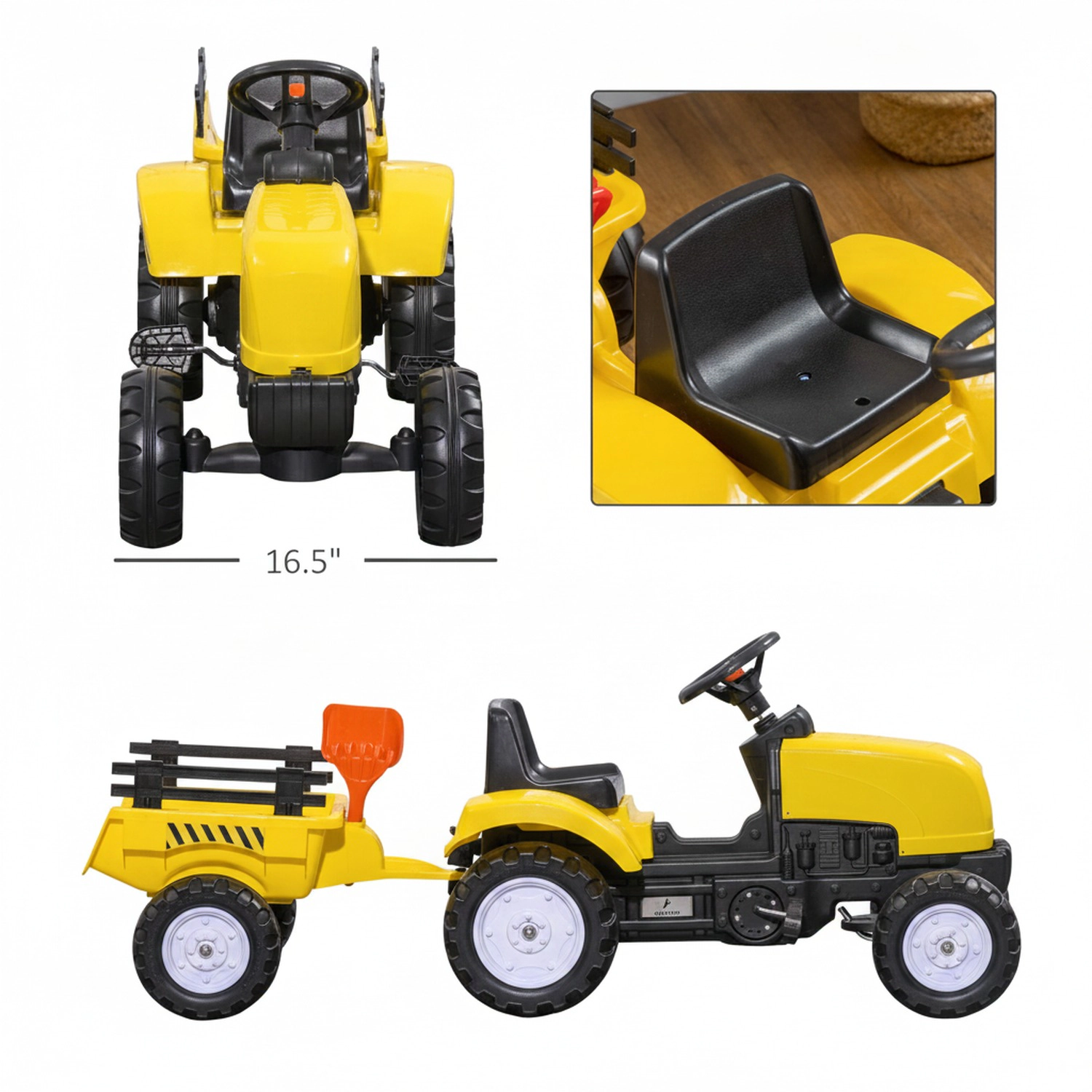 HONGGE Kids Pedal Ride-On Tractor with Rear Trailer, Shovel & Rake, Working Horn, Yellow, Ages 3 and Up
