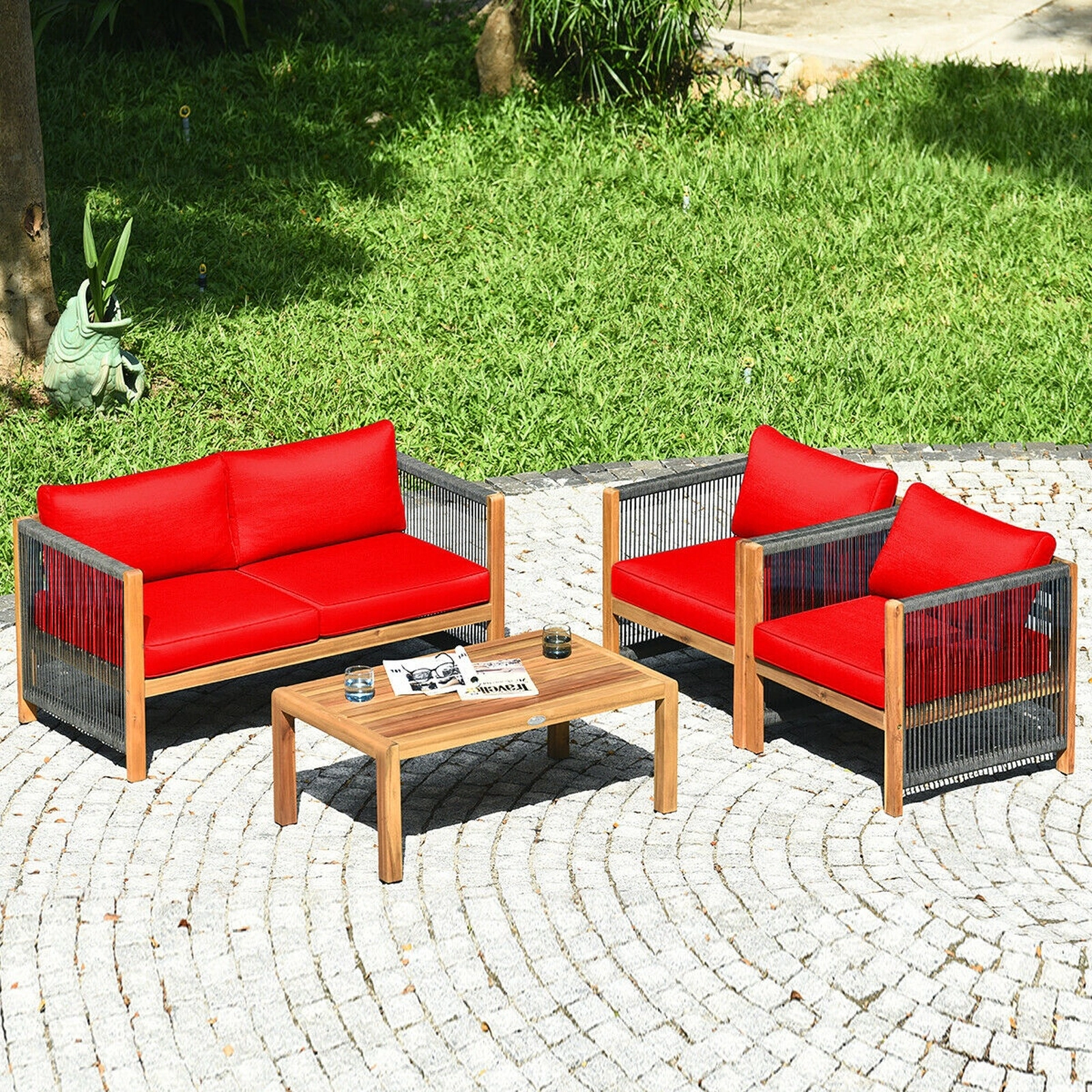 SUGIFT Thick Seat and Back Cushions 4-Piece Red Acacia Wood Patio Furniture Set
