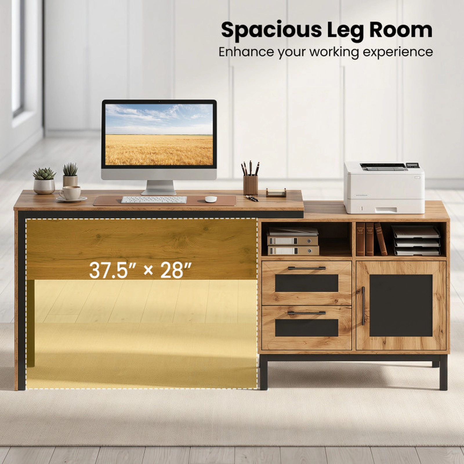 SUGIFT Natural 2 Drawers Open Compartments and Cabinet 71 Inch Executive Computer Desk
