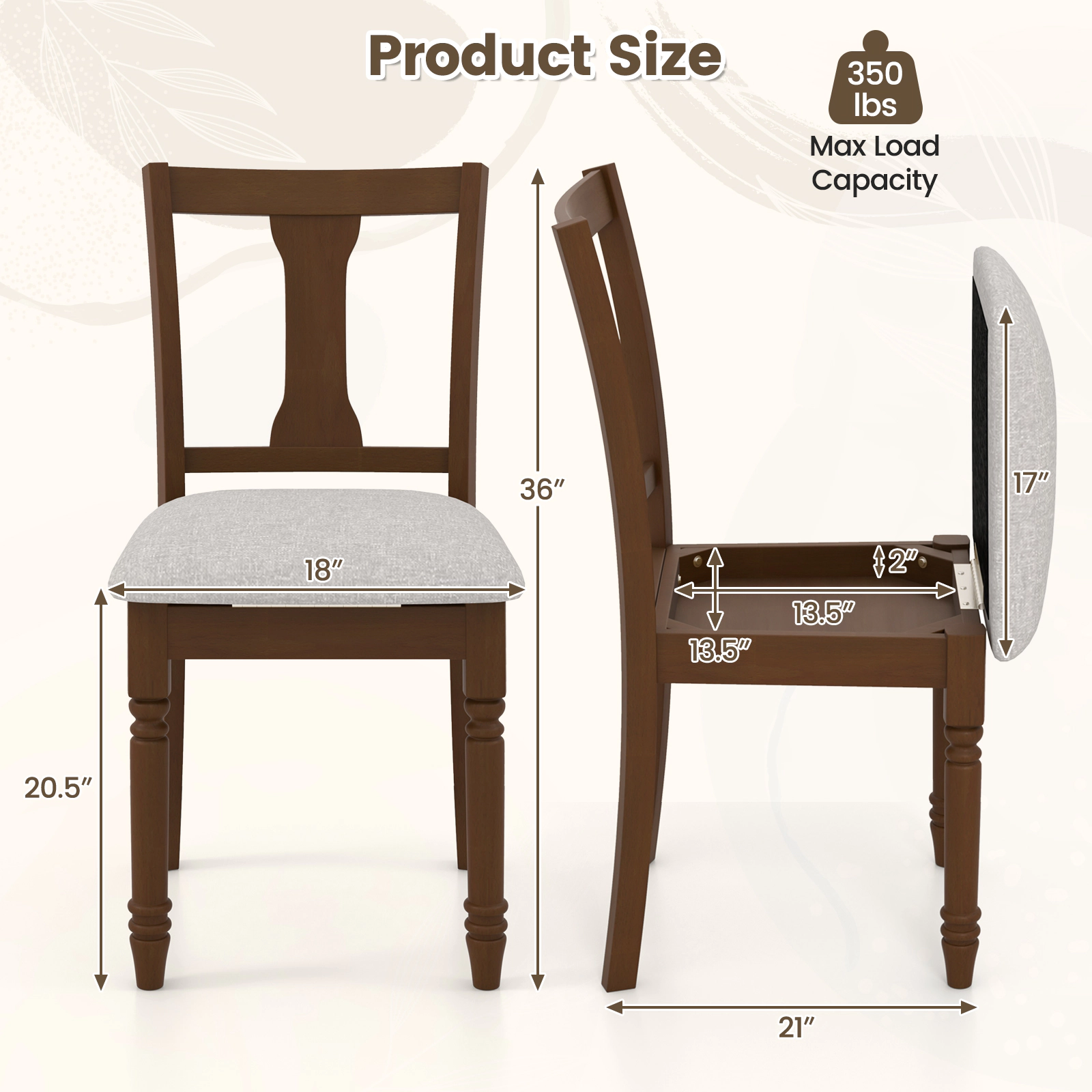 SUGIFT Set of 2 Linen Fabric Kitchen Dining Chairs with Flip-Up Storage 350-lb Capacity Brown
