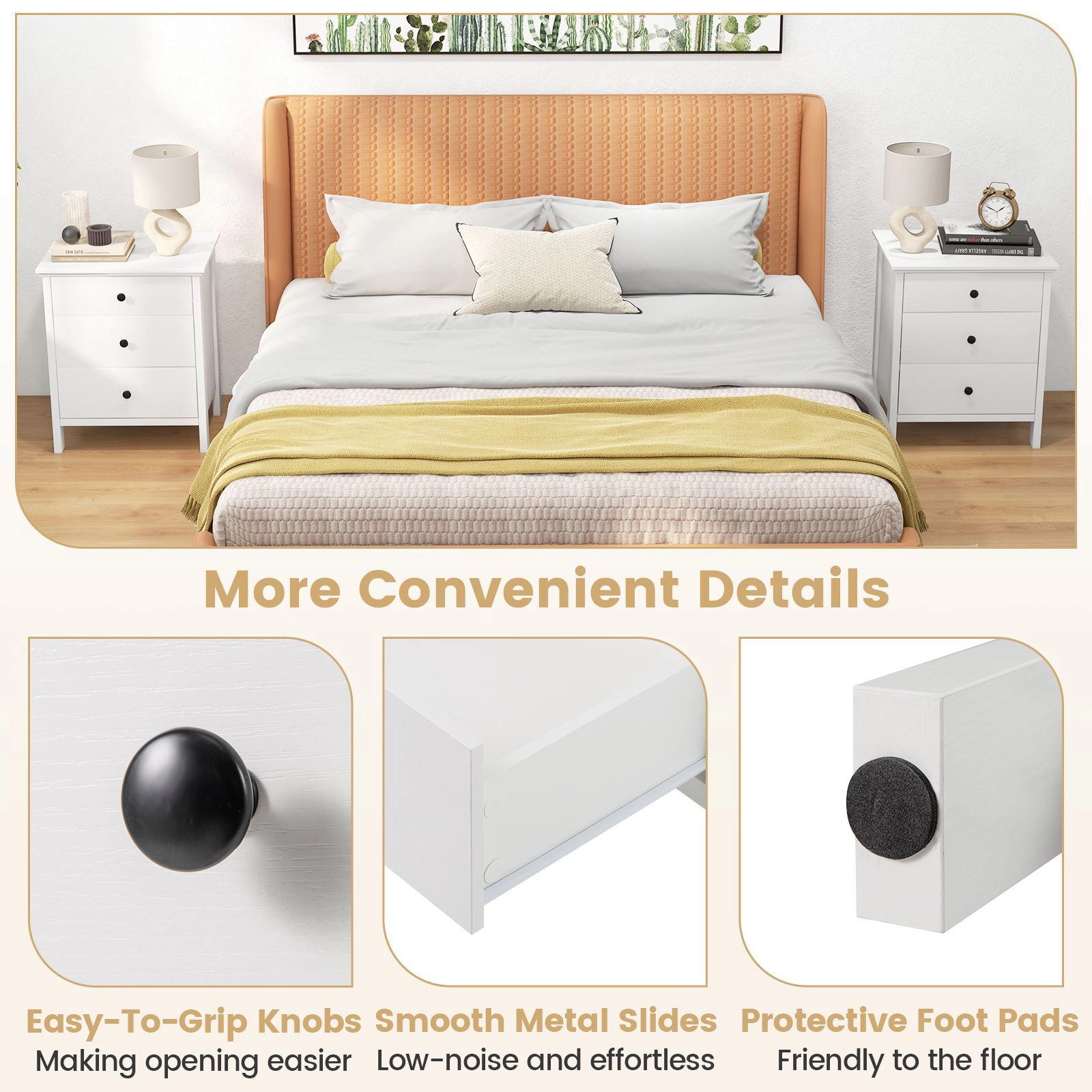SlickBlue Modern 3-Drawer Bedside Table with Storage and Smooth Slides